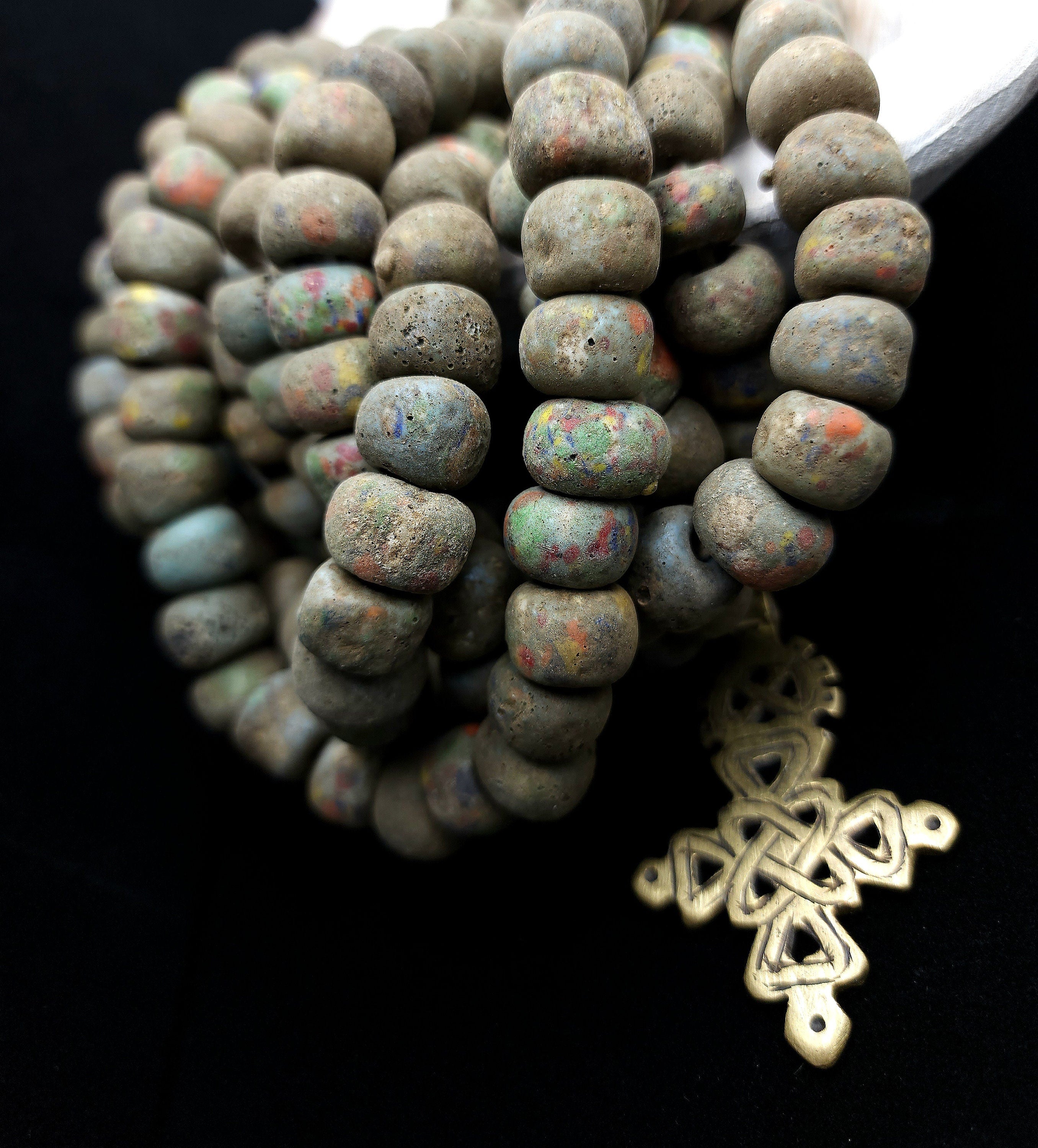 Graduated Strand of Very Old Glass Beads Like Hebron 13-14mm Strand With 6 Beads / Ancient / Tribal / Vintage / Jewelry Supplies.