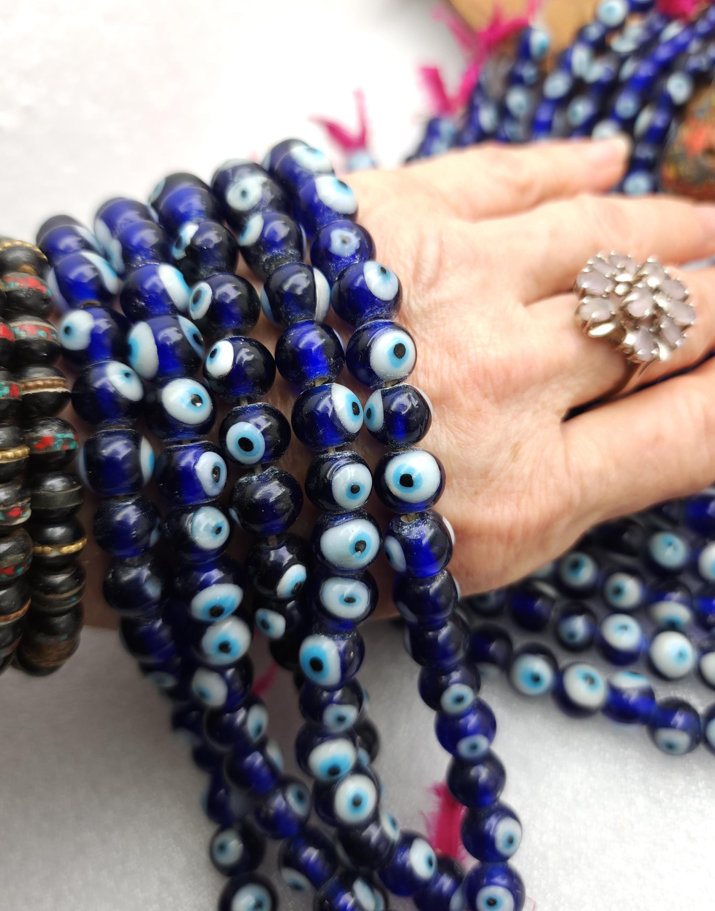 Evil Eye Glass Beads Handmade From Java Handcrafted Strand 10" 10mm, Lampwork Beads, Blue Glass Beads, Jewelry Making Supplies, Craft.