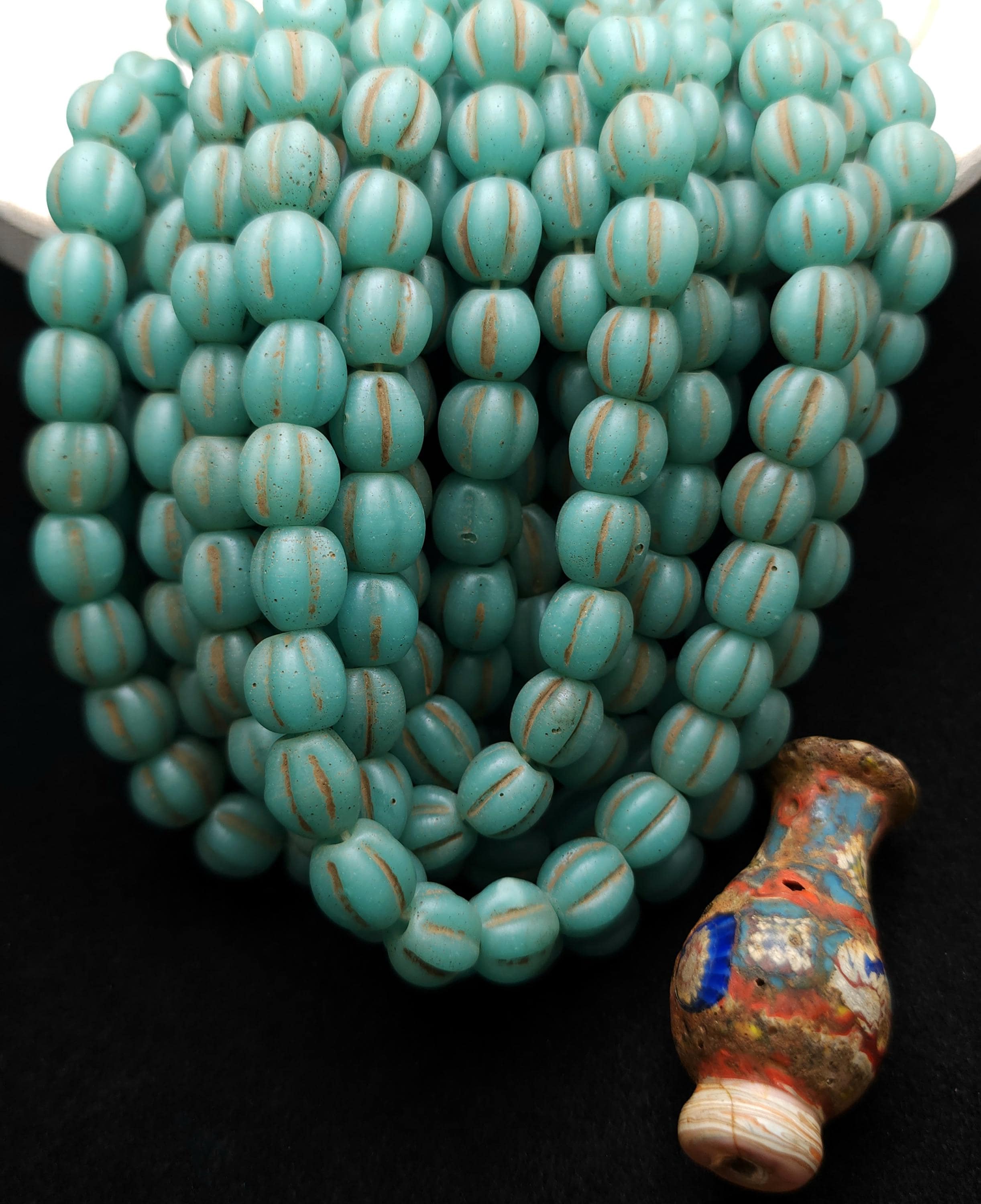 Old Glass Melon Shaped Beads Strand of 12 Beads 10-11mm, Indonesian Beads, Java, Vintage, Jewelry Making Supplies, Pumpkin Beads.