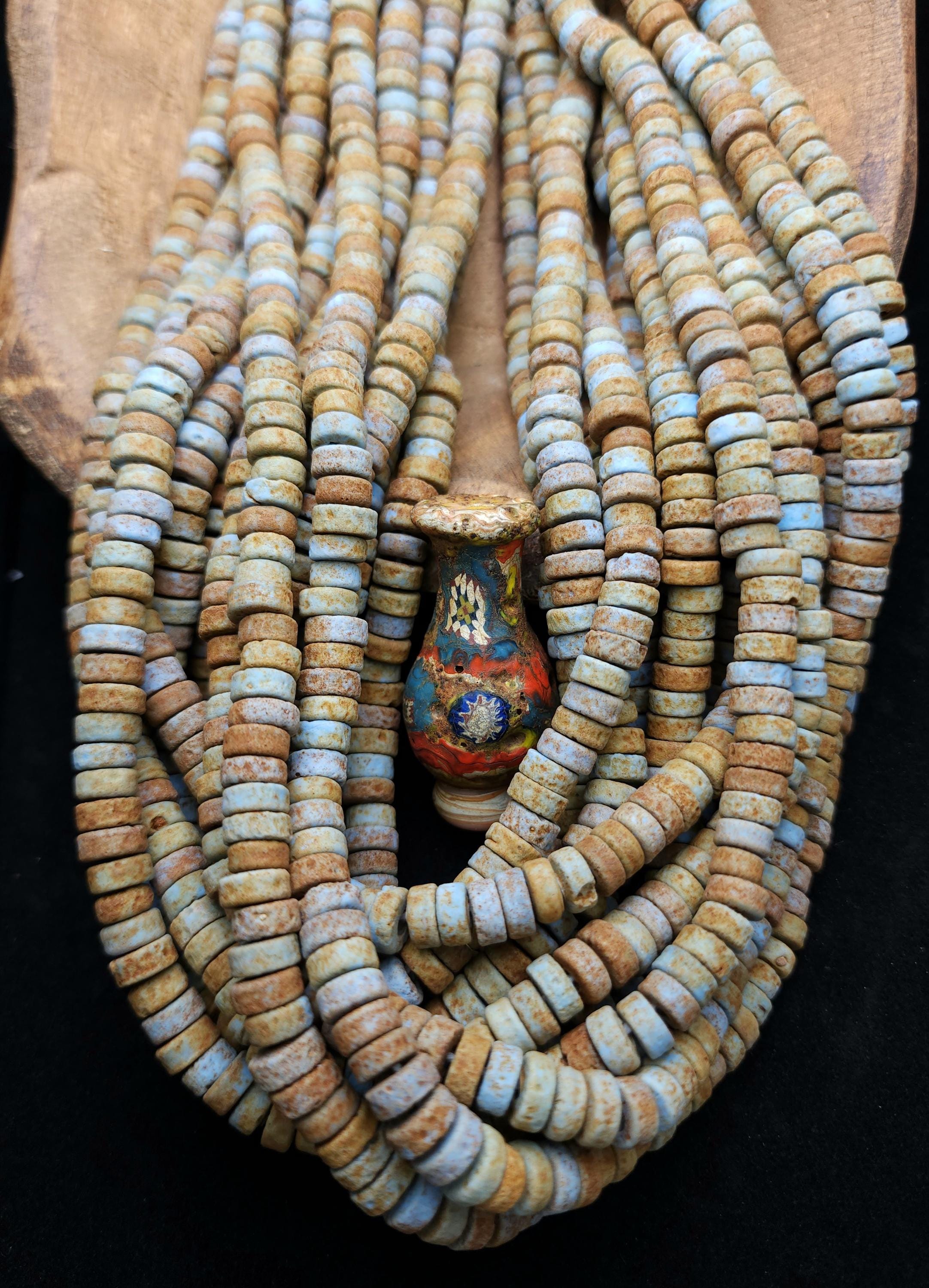 Indonesian Glass Heishi Beads, Aged Earth Tones Blue, Green & Patina, Strand 10" 8mm, Rustic Spacer Beads, Jewelry Making Supplies.