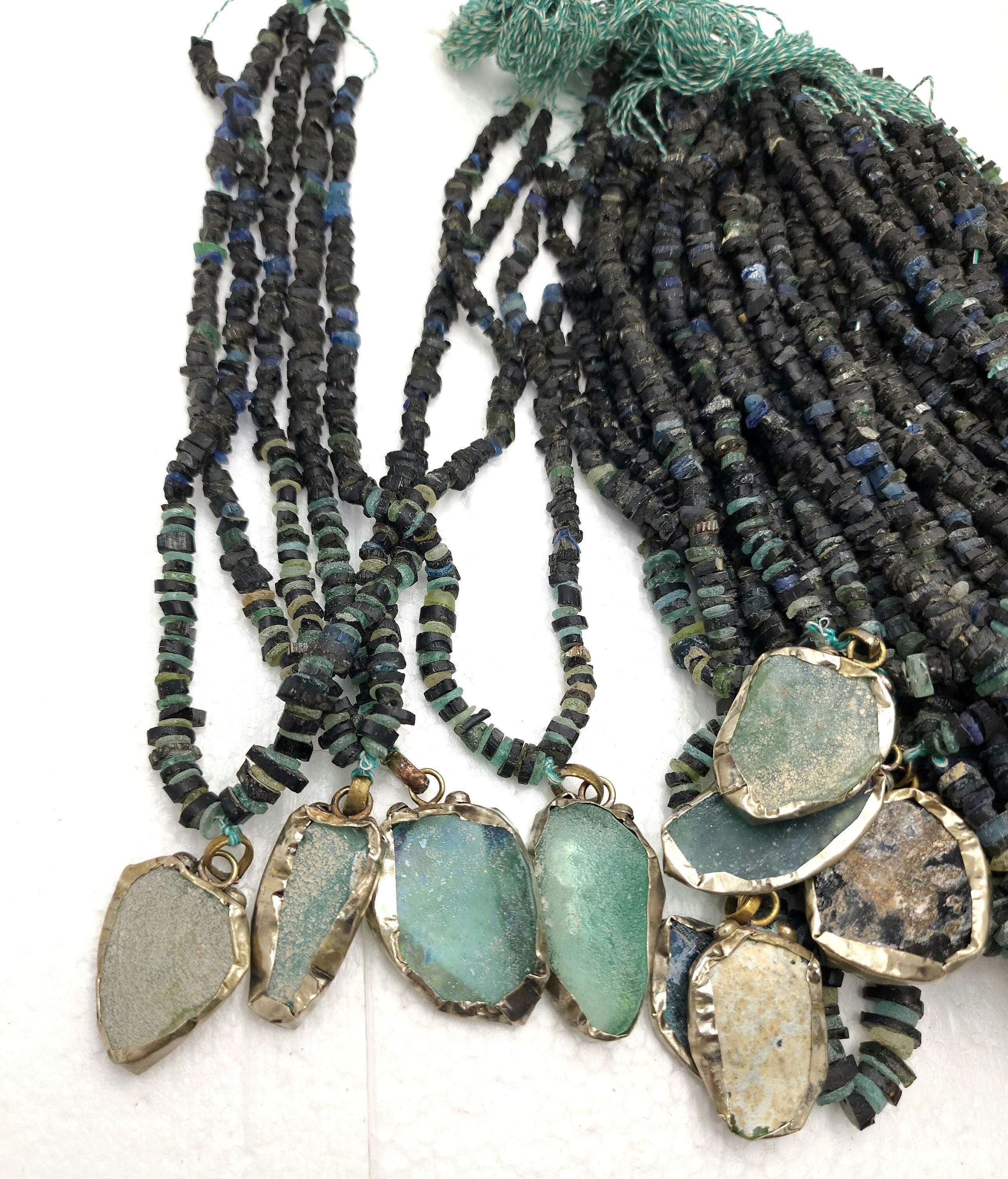 Unusual Dark Beads of Ancient Rome, Rustic Beads, Afghan Jewelry, Large Roman glass pendant, Strand 14-15" 4-10mm, Jewelry Supplies