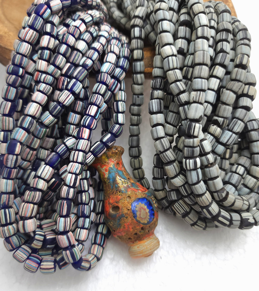 Full Strand 23" Venetian Style Currant Beads / Small Striped Java Beads 5-6mm / Choose Striped Blue Or Black Striped Gray  / Indonesia