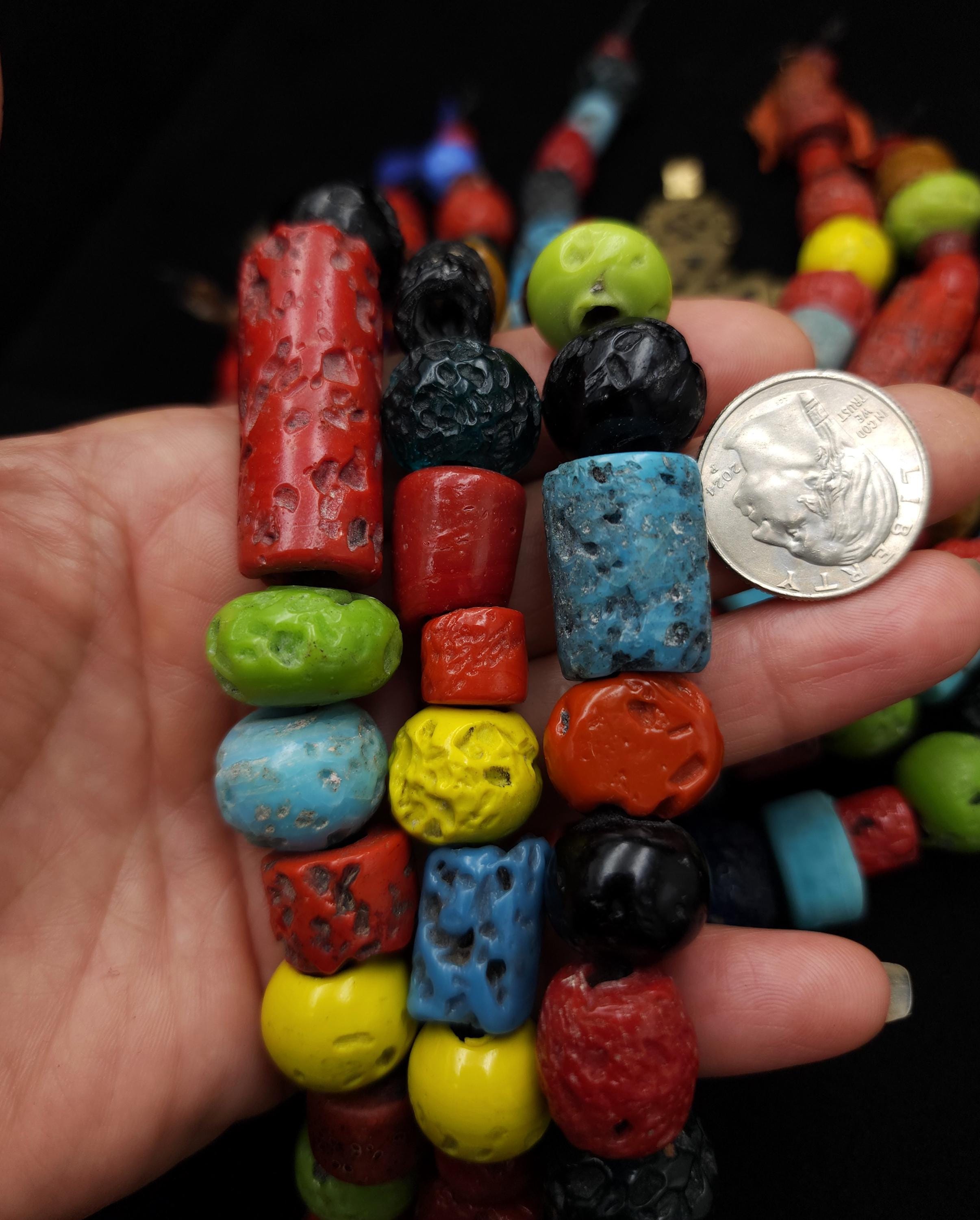 Multicolor Vintage Himalayan Glass Beads, 10" Strand, 8-40mm, Tribal Ethnic Boho Jewelry Making Supplies.