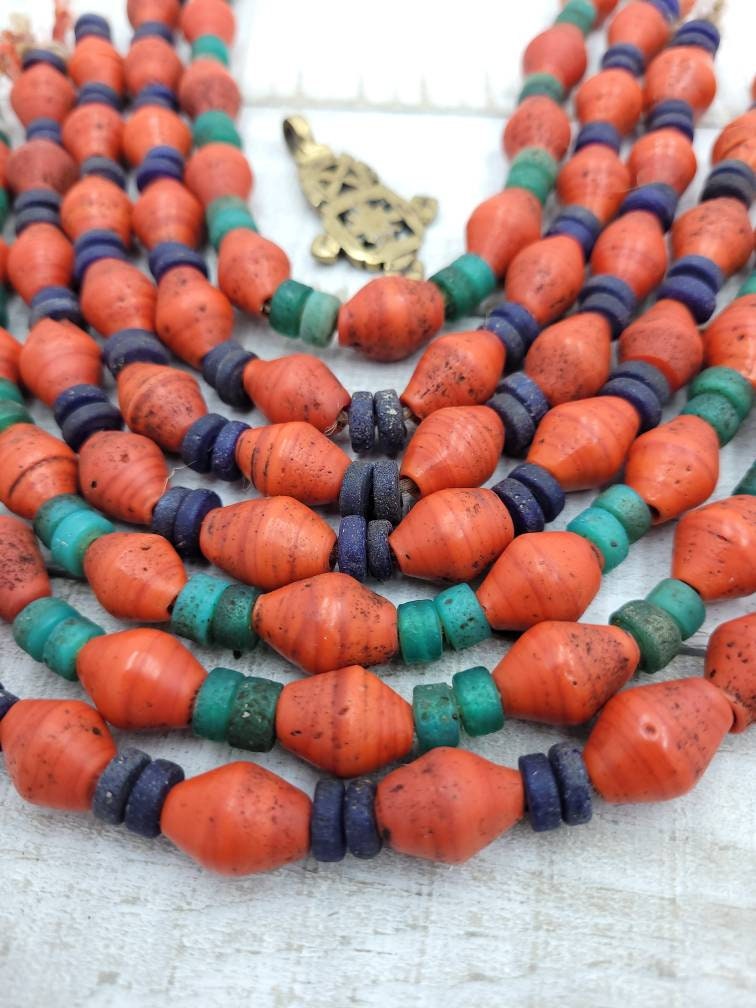 Red Glass Bicone Beads From Thailand With Antique Rustic Accent /10"Long Strand 15-17mm X 11-13mm Ring Beads 6mm / Indonesia Beads /Java /