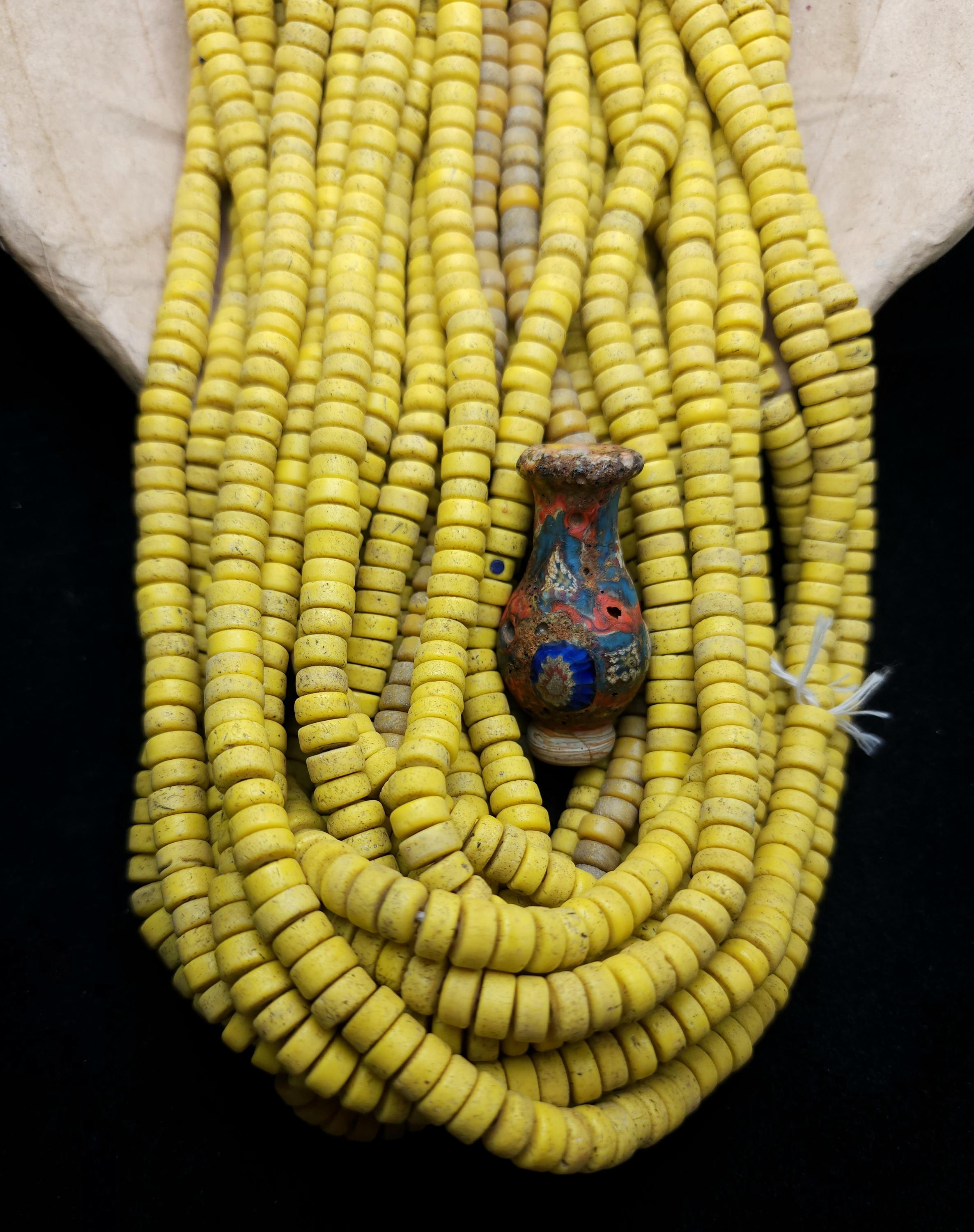 Yellow Canary Glass Beads With Antique Rustic Acent / 8mm 10" Long Strand / Indonesia Java Beads / Jewelry Making Supplies / Craft.