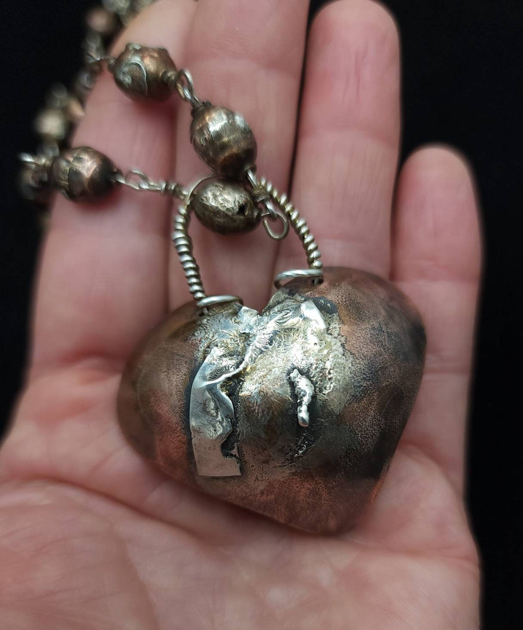 925 Silver, Silver cross- copper heart, Copper necklace 15"