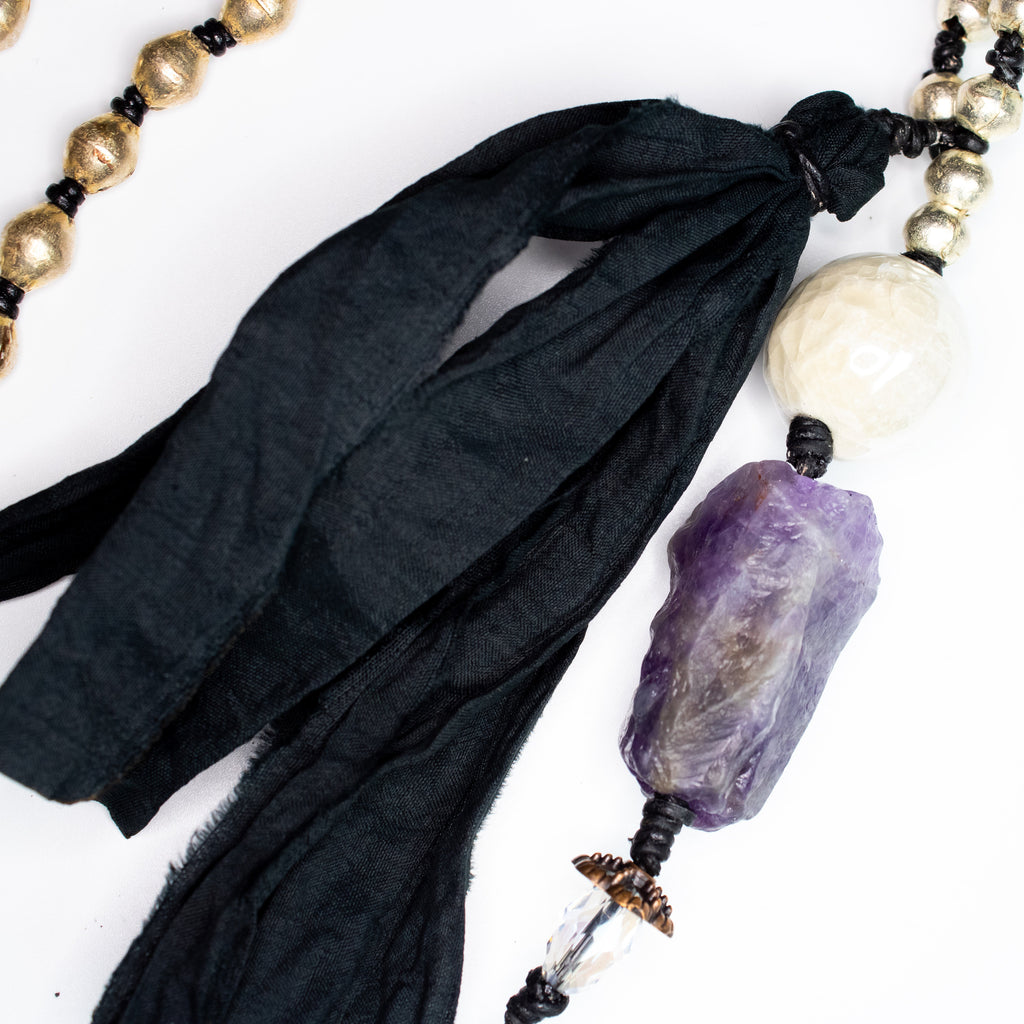 Moons | Amethyst | Ceramic | Ethiopian Metal | Sari Silk | Swarovski Crystal | Leather