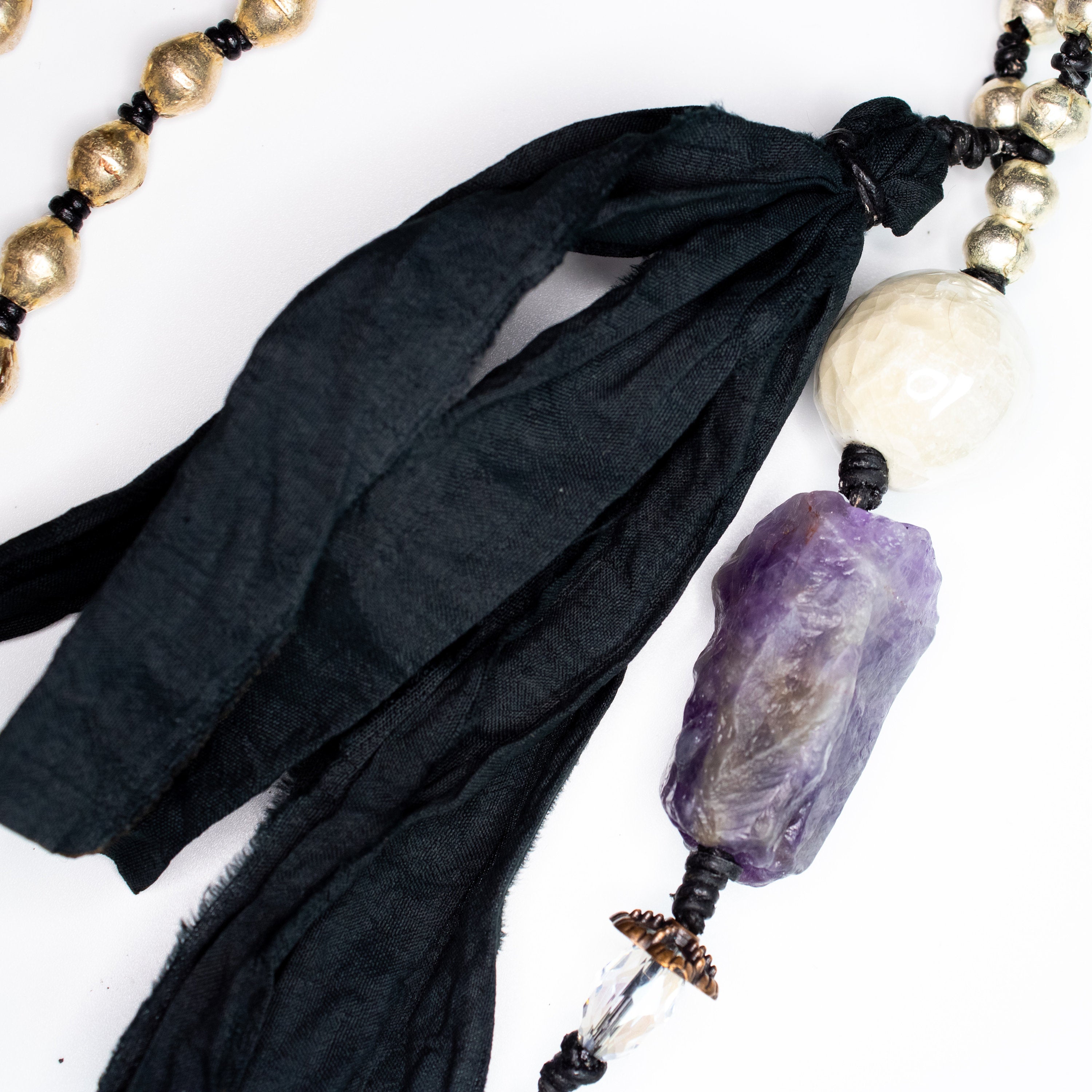 Moons | Amethyst | Ceramic | Ethiopian Metal | Sari Silk | Swarovski Crystal | Leather
