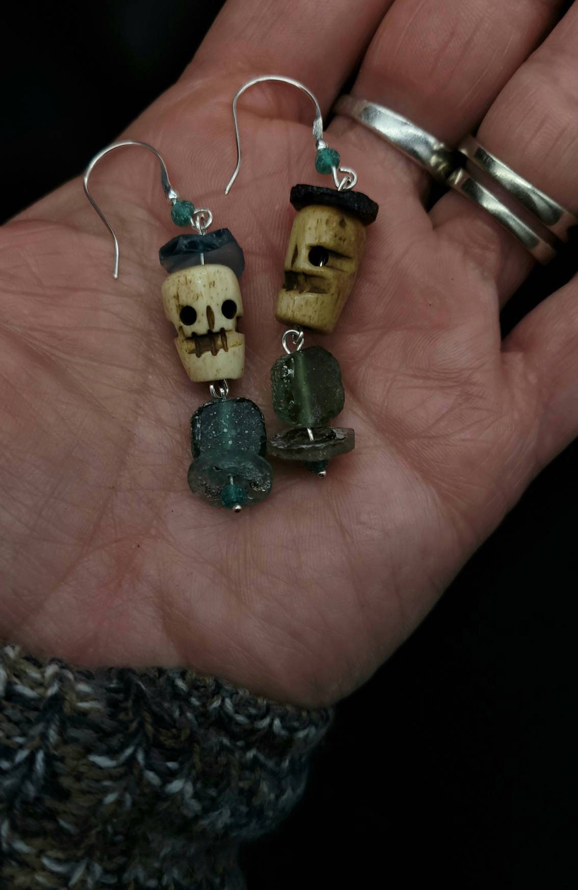 925 silver Earrings with Roman Glass From the Holy Land, Valuable Pieces and Skull de Bone, Handmade Jewelry, Gift For Her.