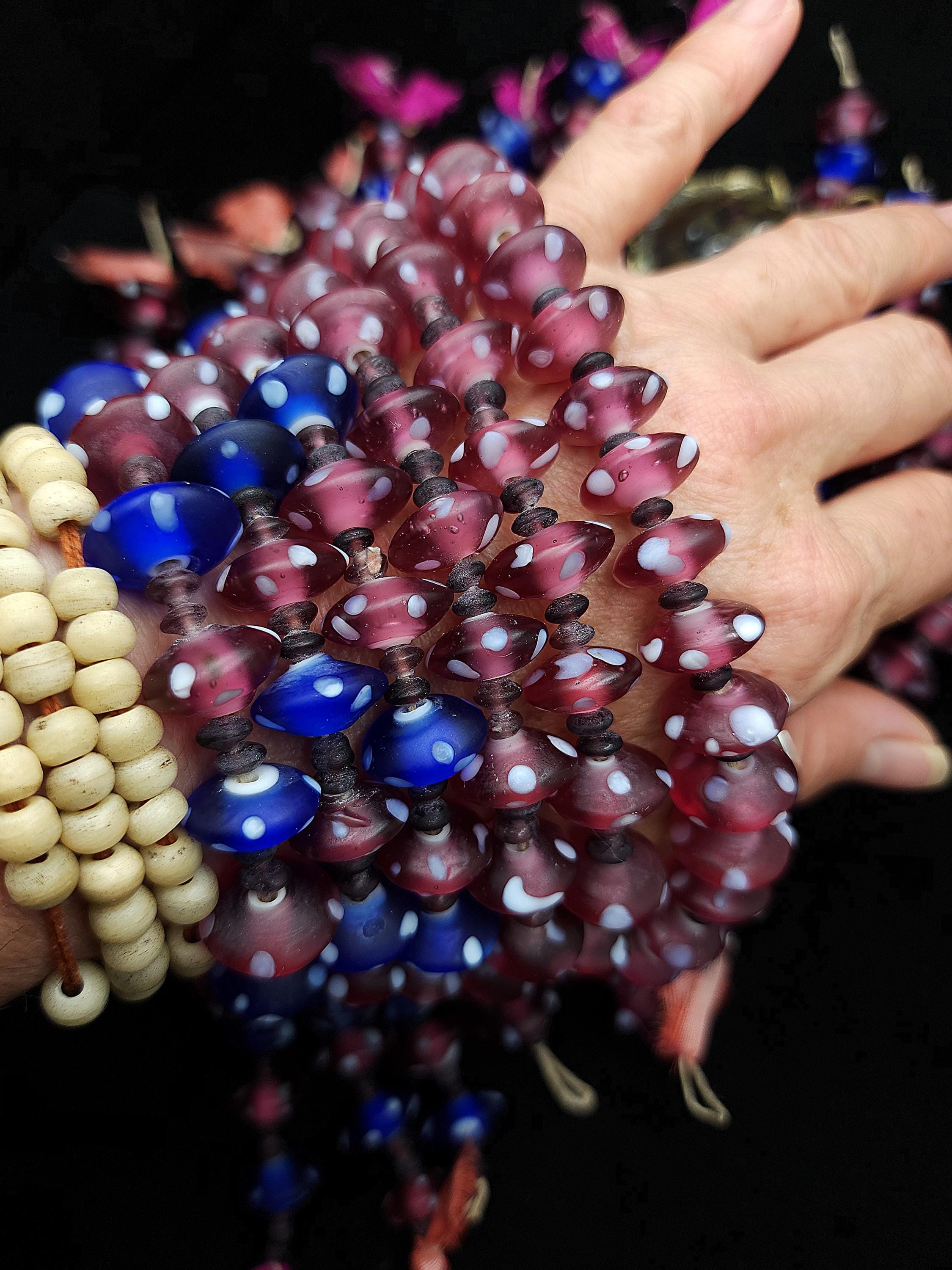 Lampwork Glass Bead Strand 10" 14-16mm, Rose & Cobalt Blue with White Dots, Handmade Vintage Mushroom Style, Jewelry Making Supplies.