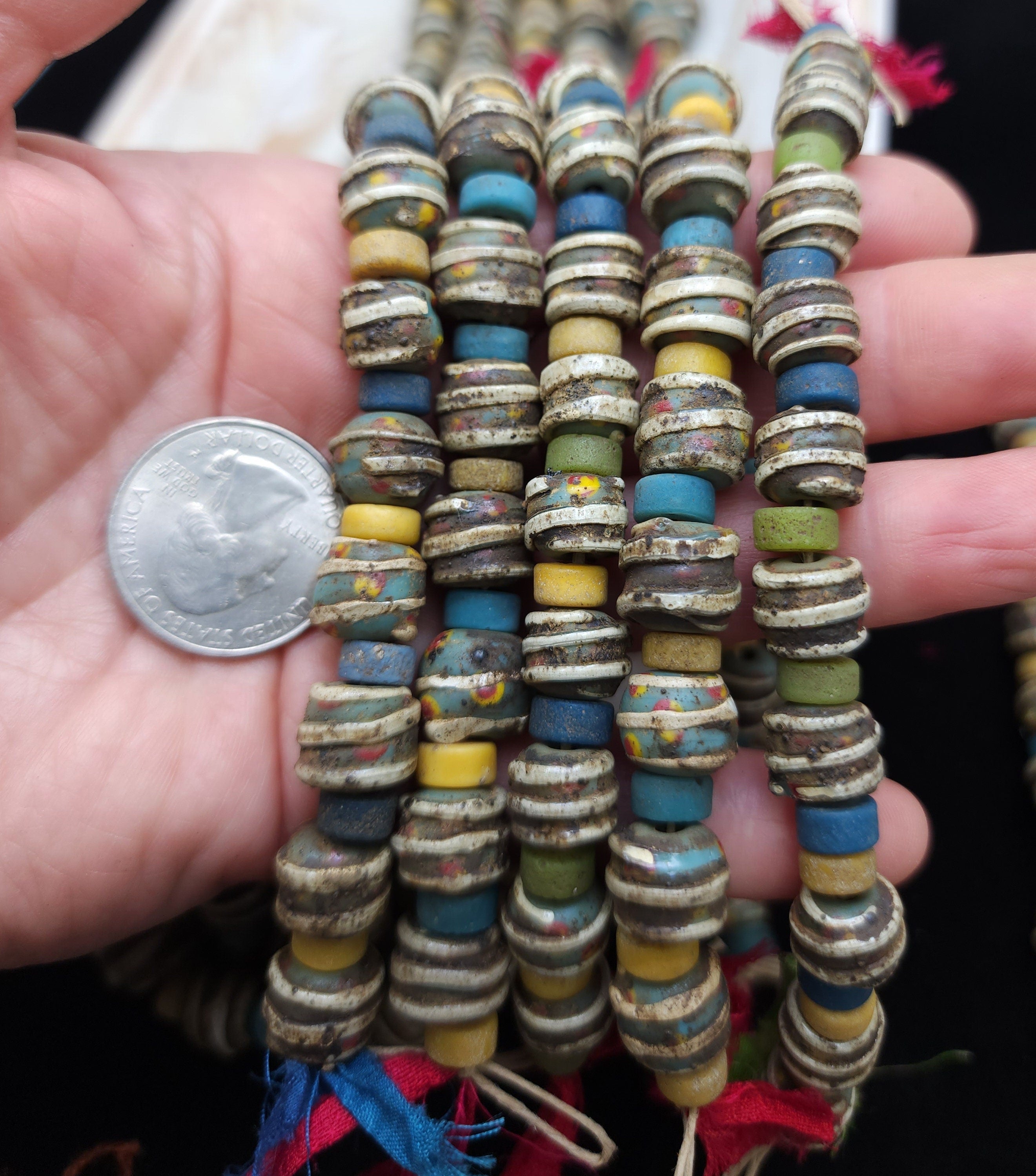 Rustic Accent Glass Charms With Earthy Blue Coffee Colors Made In Indonesia Java / Strand With 10 Beads 10-11mm / Jewelry Supplies