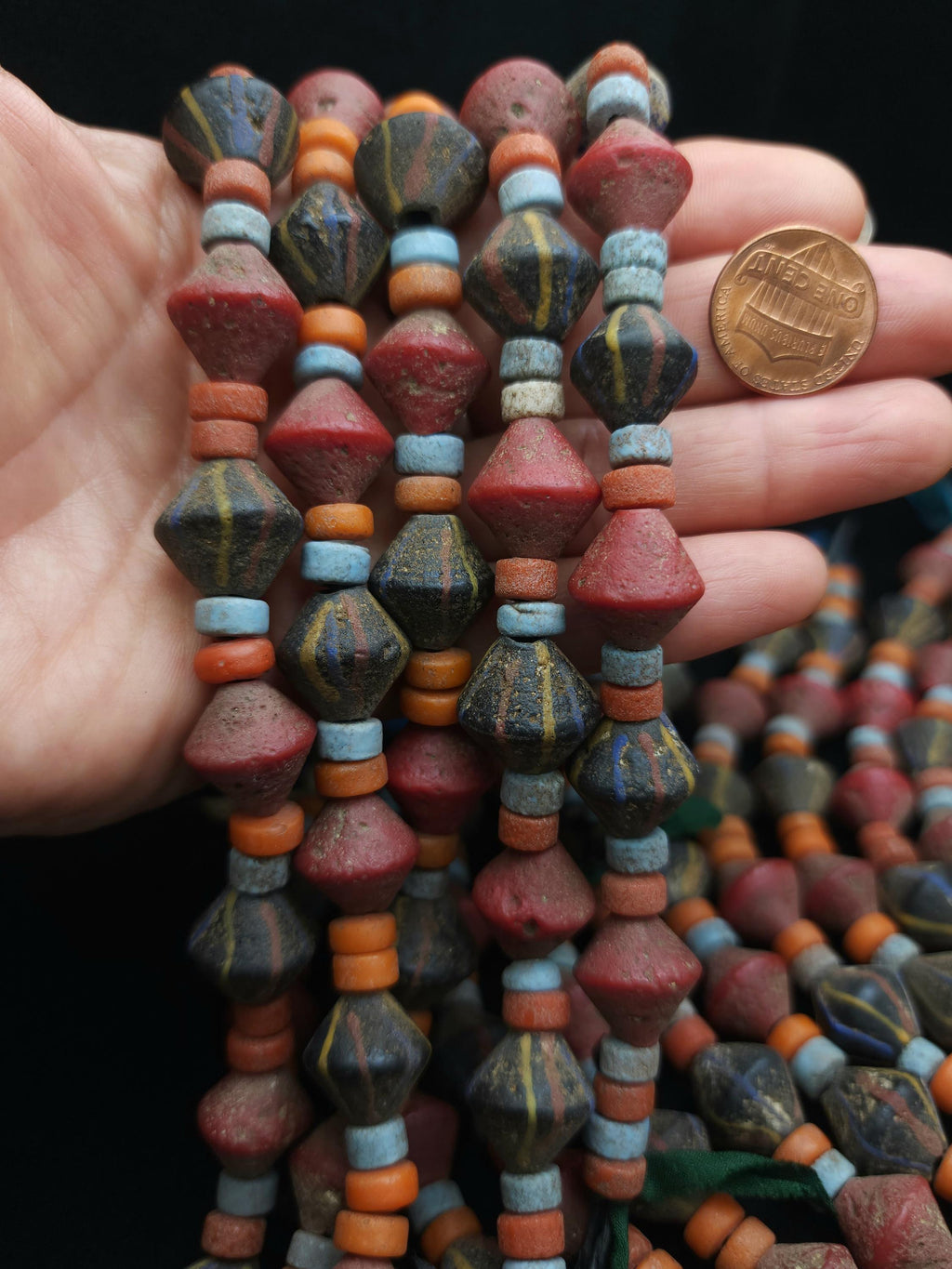 Bicone Rustic Glass Beads From Java, Strand 10" 14-15mm, Large Hole, Vintage, Tribal, Ethnic, Jewelry Making Supplies