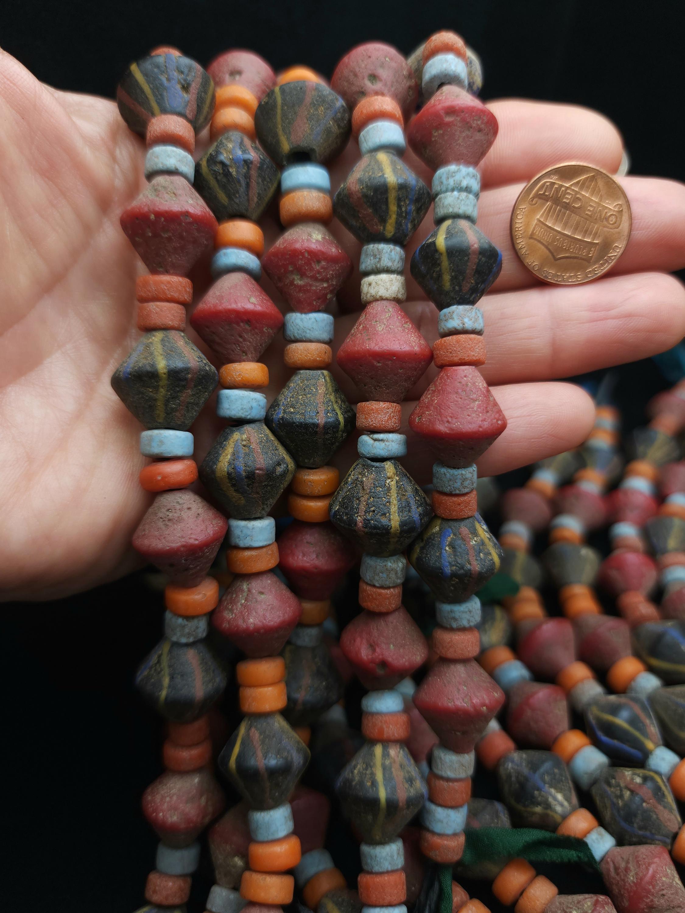 Bicone Rustic Glass Beads From Java, Strand 10" 14-15mm, Large Hole, Vintage, Tribal, Ethnic, Jewelry Making Supplies