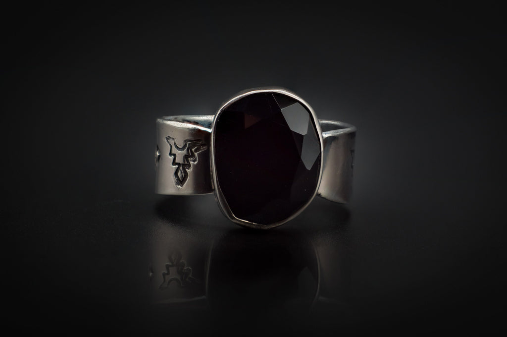 Authentic 925 Silver, Engraved, With Black Onyx Rose Cut Stone Ring