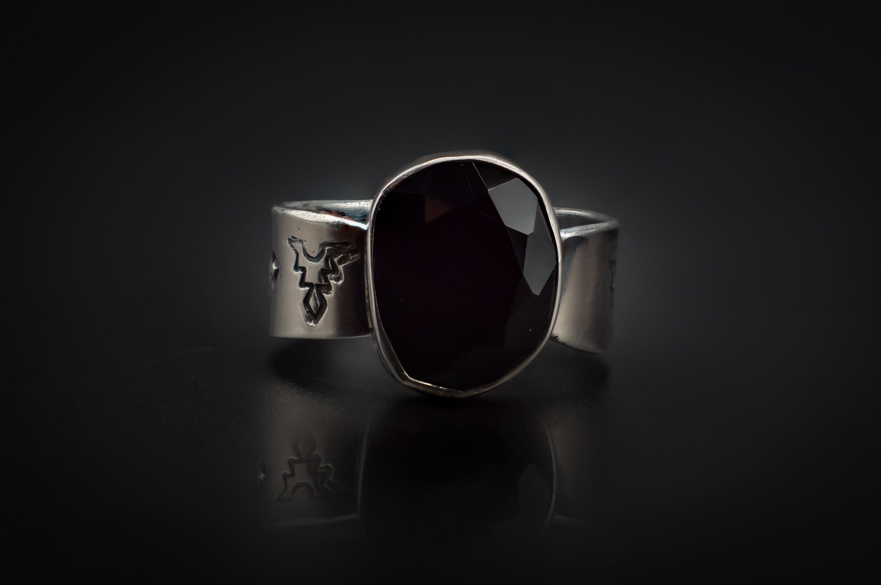 Authentic 925 Silver, Engraved, With Black Onyx Rose Cut Stone Ring