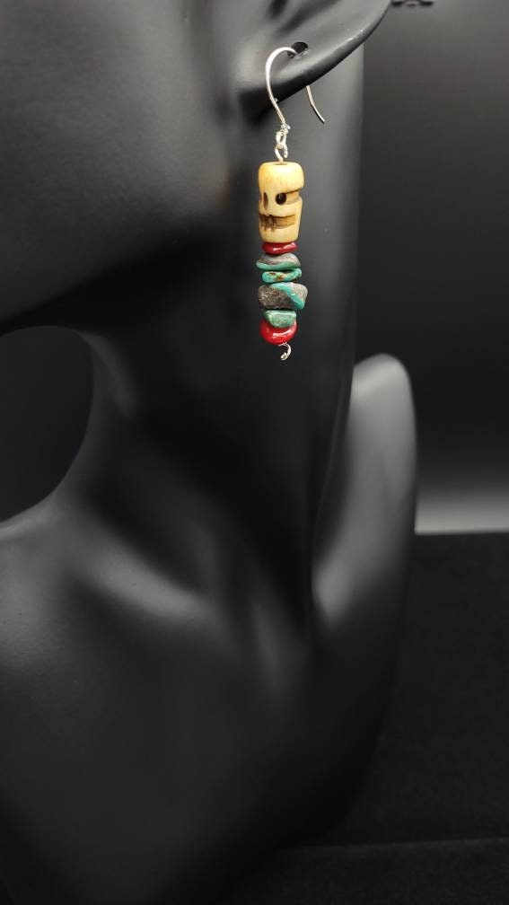 Beautiful Authentic 925 Silver Turquoise Coral Skull bone Boho Hippie Earrings.