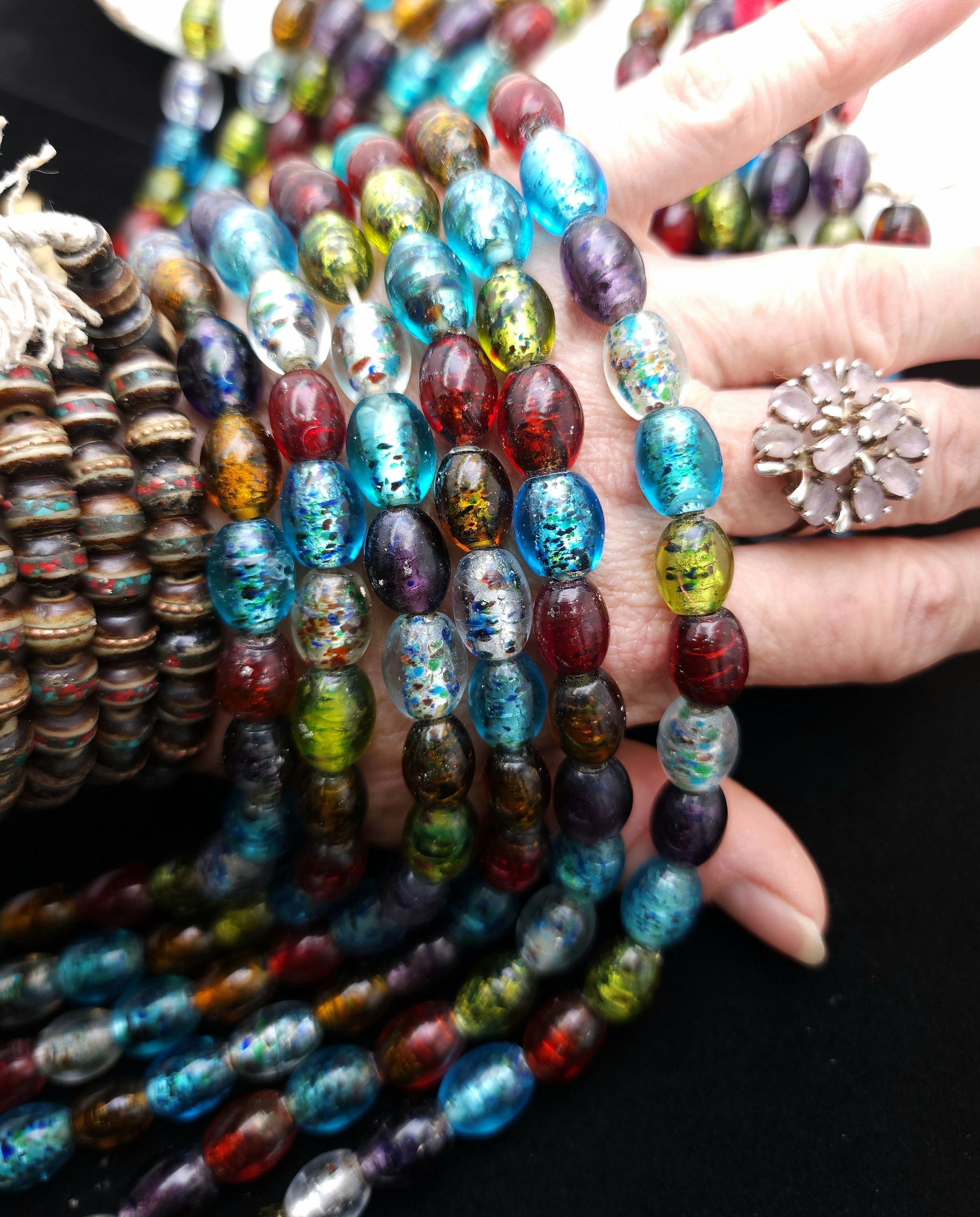 Oval Silver Foil Beads 12" [25], Murano Glass Beads, Venetian Glass Beads, Handmade Glass Beads, Vintage, Lampwork Beads,  Jewelry Supplies.