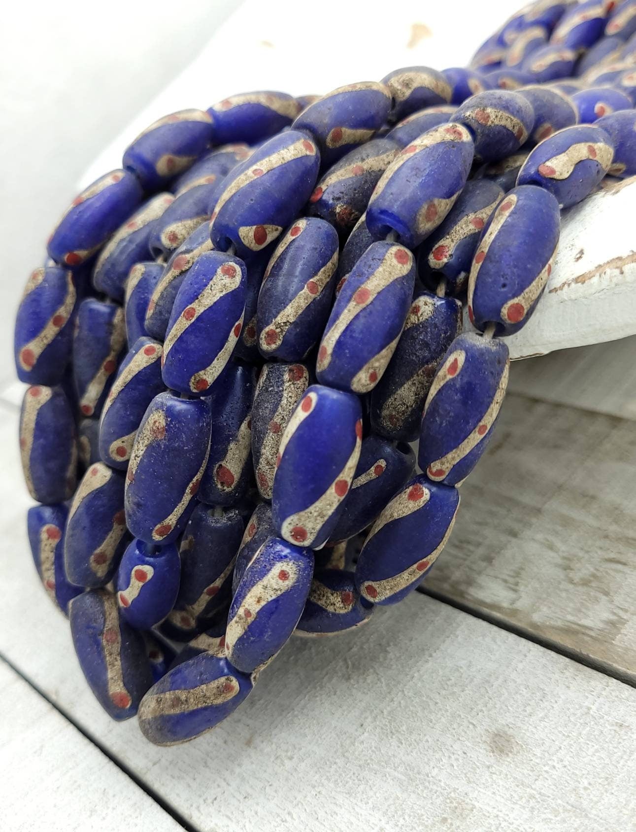 Old Accent Glass Beads Made By Thai Artisan Hands/ Indonesian Beads /Java / 10 Beads 18-20mm x 10mm / Jewelry Supplies / Vintage / Venetian