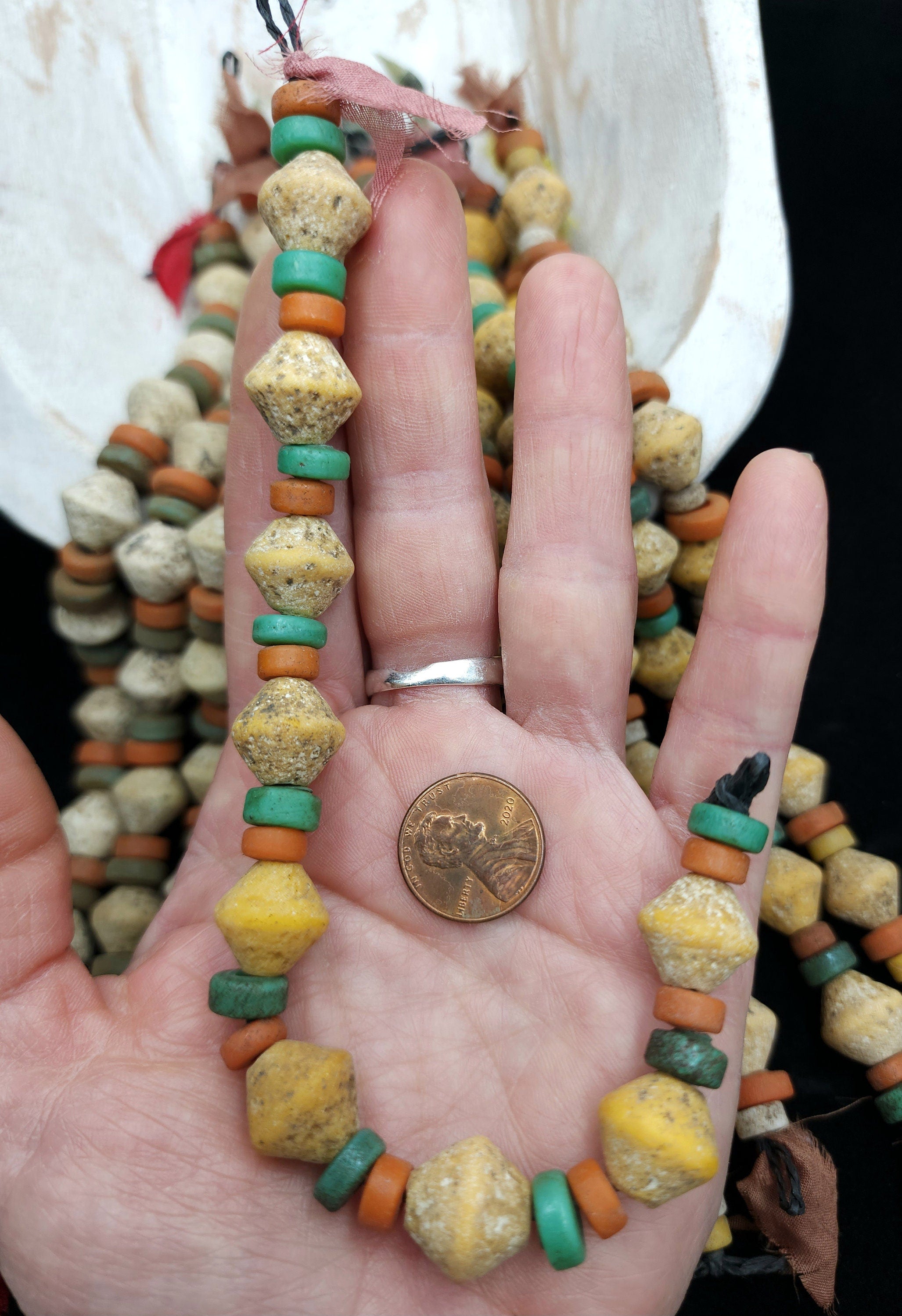 Bicone Old Glass Beads Strand 8" 14mm+ x 13-15mm Option To Choose Beige Or Yellow,  Jewelry Making Supplies, Unusual Beads, Thailand Beads.