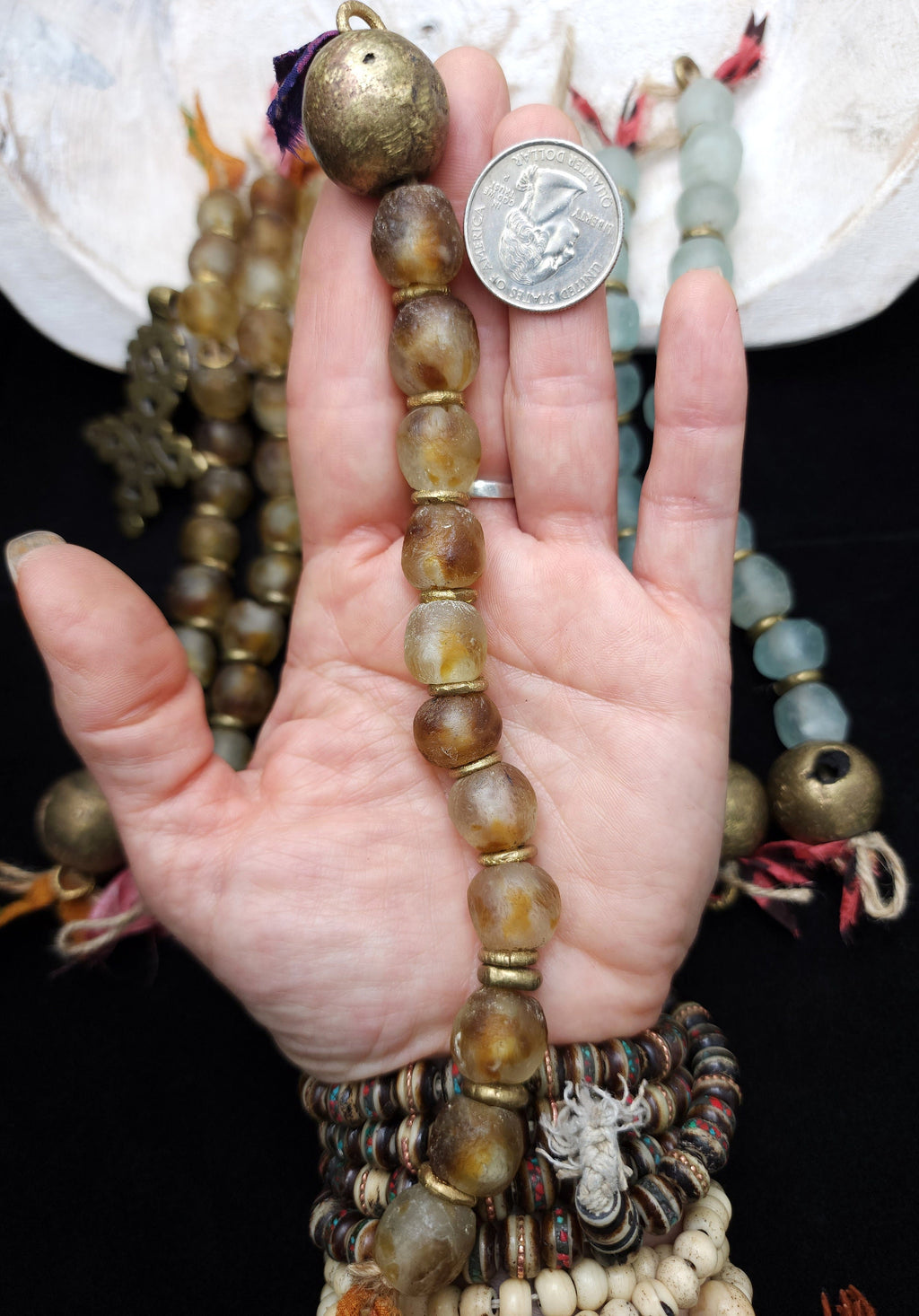 African Recycled Glass Beads Choose Color / Old African Brass Bead 22x20mm / Glass Beads 14mm 23 Beads Total  /  Making Jewelry Supplies