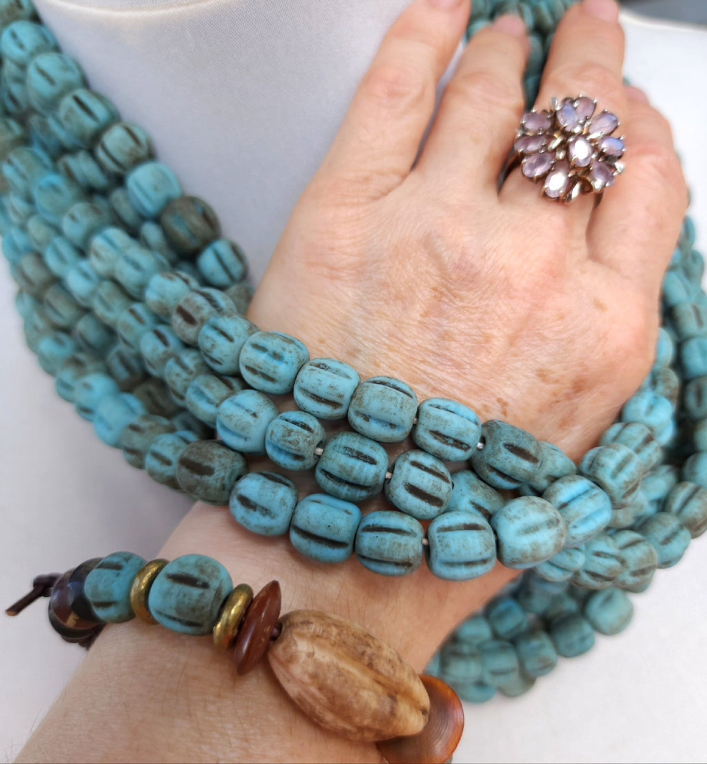 Blue Green Turquoise Melon Shaped Beads With Accent Rustic Old Look 12 Beads 10-11mm / Jewelry Supplies  / Boho / Lampwork Beads