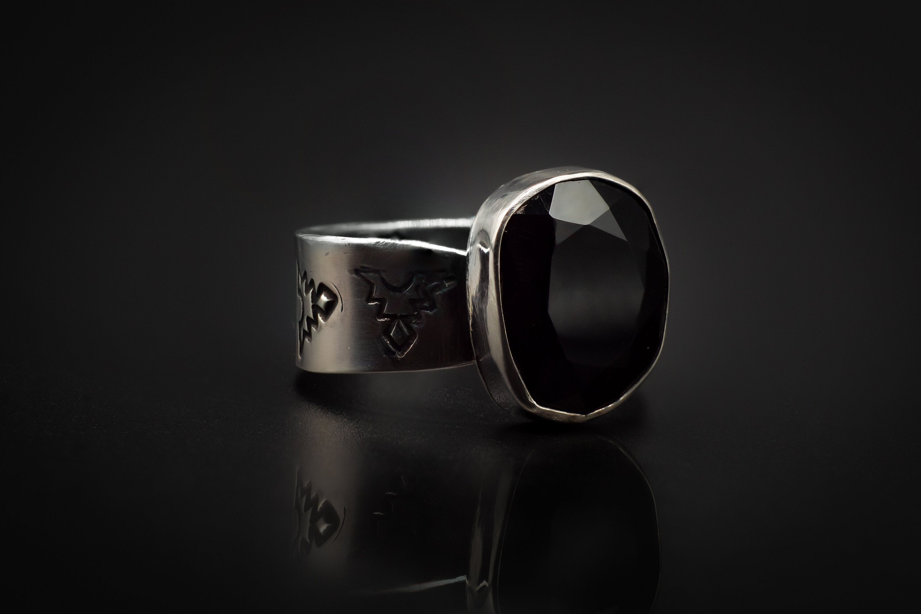 Authentic 925 Silver, Engraved, With Black Onyx Rose Cut Stone Ring
