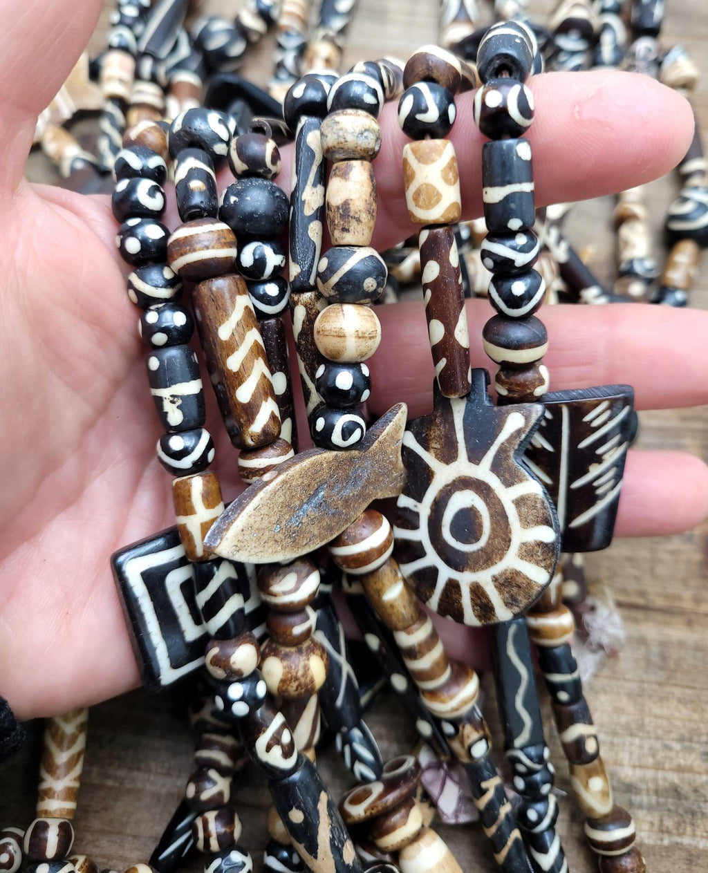 Beautiful Wide Variety Bone Beads Strand 14" Inches Long / Hand Carved Beads / Bone Beads Pendants / Tube / Round Etc / Jewelry Supplies