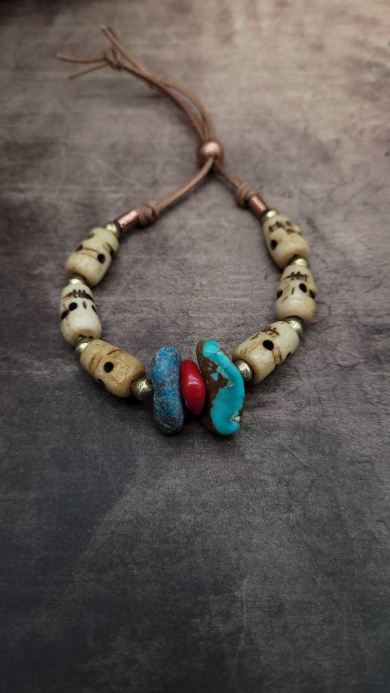 Beautiful Authentic Leather Bracelet / Authentic Turquoise / Roman Glass / Skull Bone.