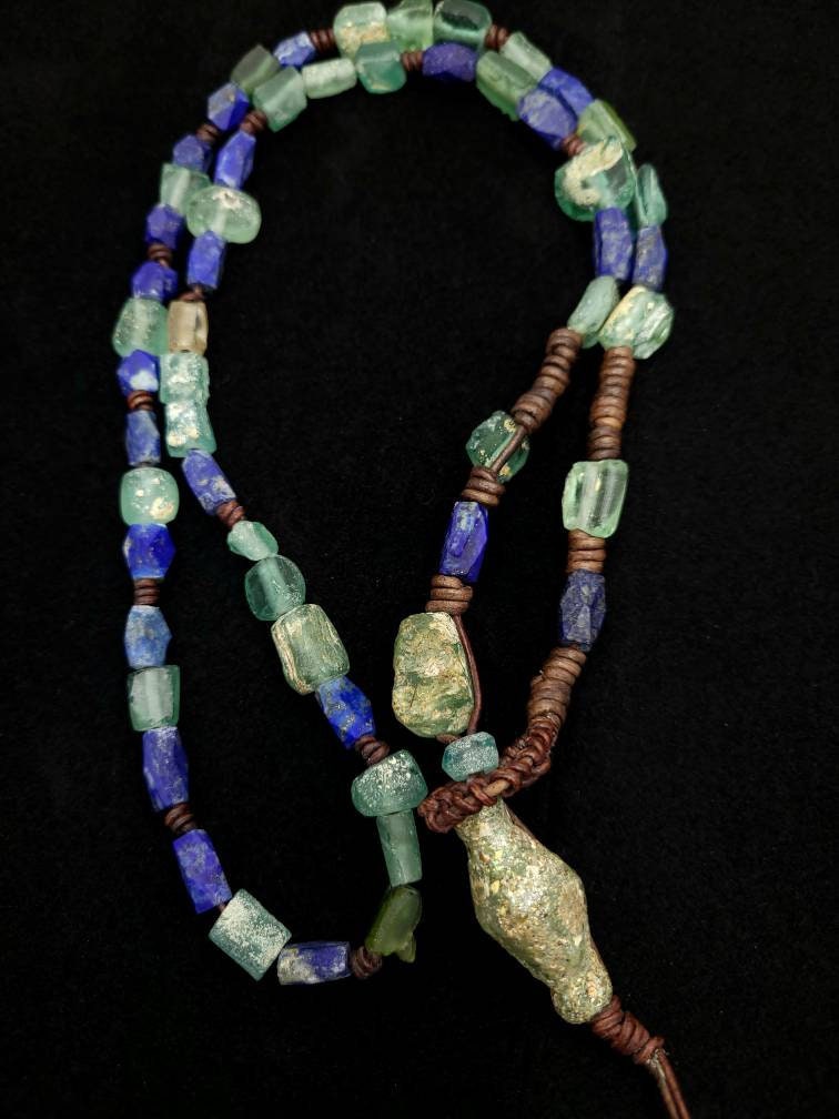 Beautiful Necklace With Lapis Lazuli High Quality Leather And Authentic Ancient Rome Glass / Very Old Roman Glass / For Men & Women / Long N