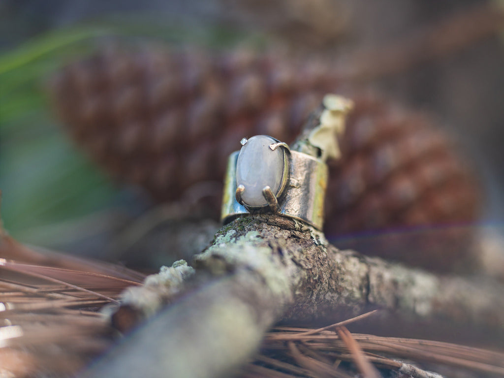 925 Sterling Silver | Rainbow Moonstone | Real 14Kt Gold Accents|Ring Size 8 1/2