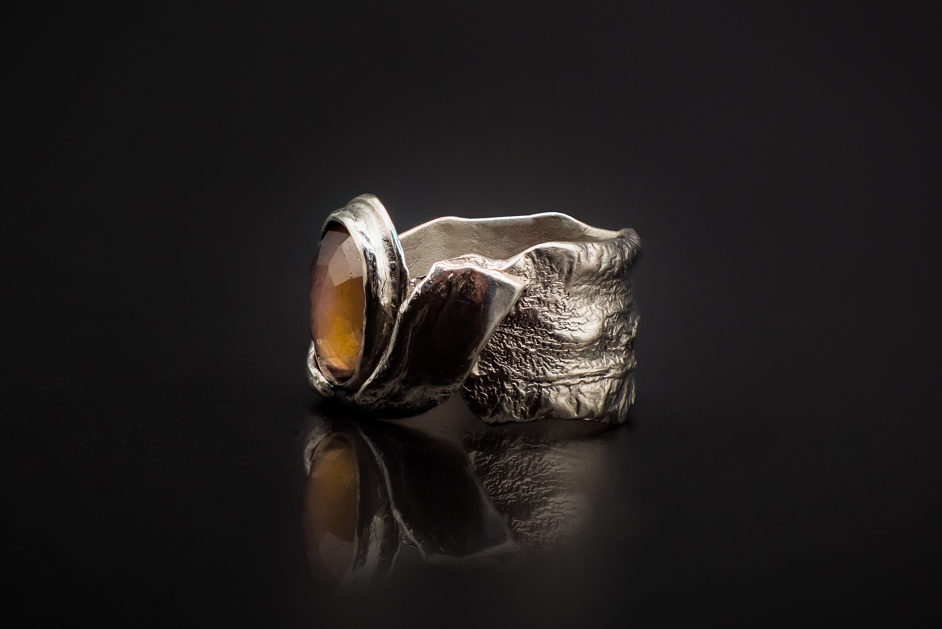 925 Reticulated Silver, And Rose Cut Sapphire Ring
