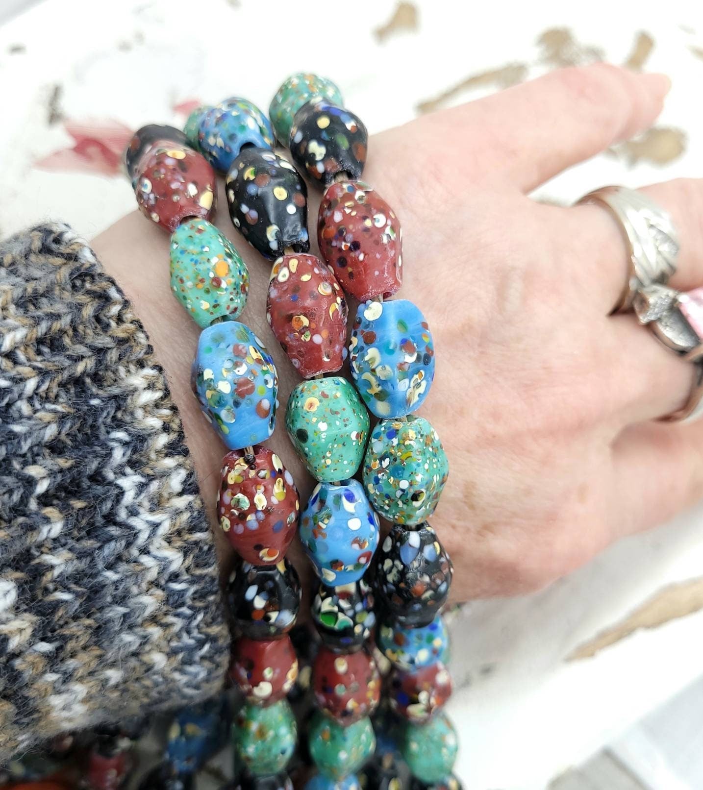 Thailand Diamond Shaped Mosaic Glass Beads/ Strand With 12 Beads14-17mm/ Thailand Beads / Indonesia / Lampwork Beads/Jewelery Supplies.