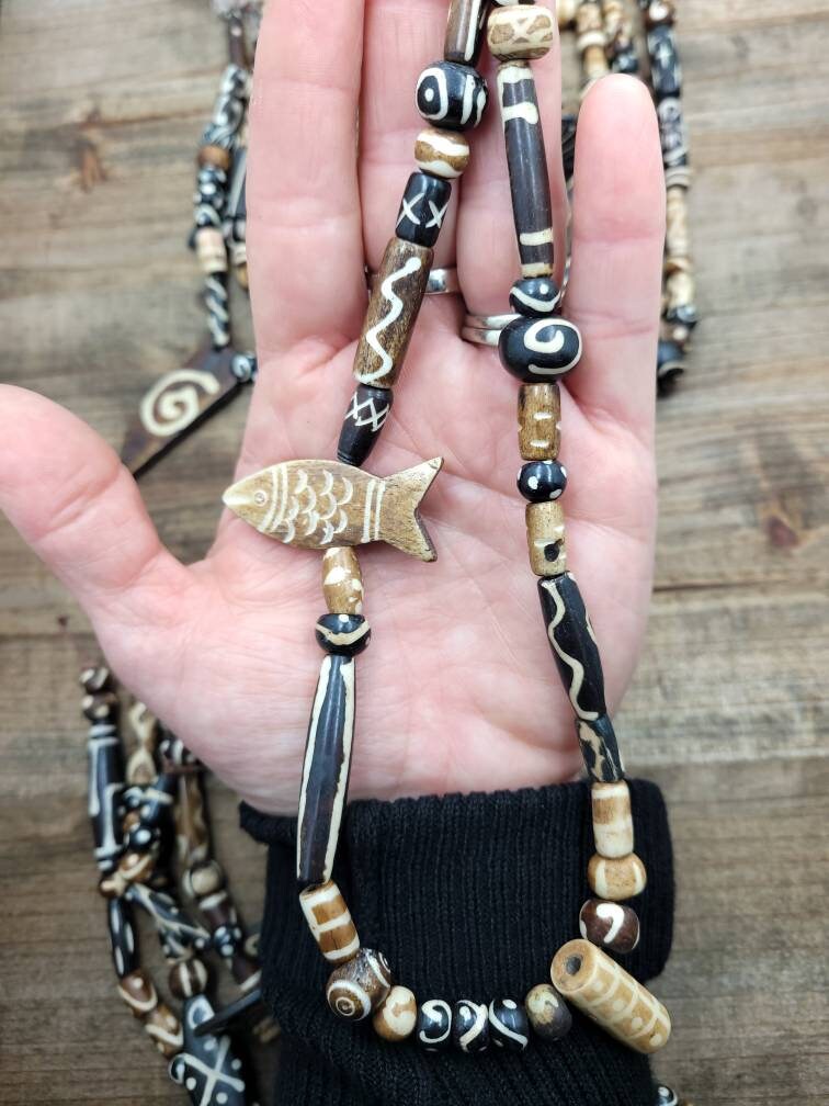 Beautiful Wide Variety Bone Beads Strand 14" Inches Long / Hand Carved Beads / Bone Beads Pendants / Tube / Round Etc / Jewelry Supplies