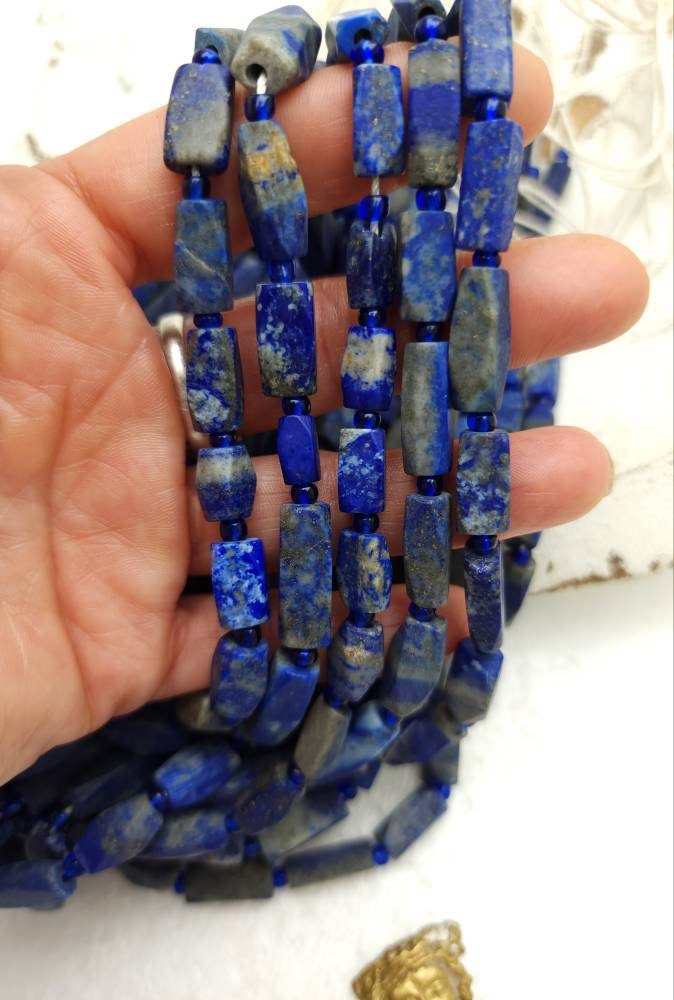 Afghani Faceted Lapis Lazuli Genuine Natural Stone Large Beads Full Strand 16" / Jewelry Making Supplies