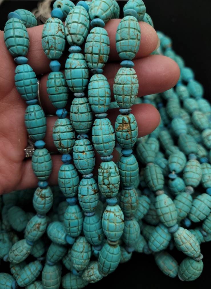 Beads 20-24 Authentic hand carved turquoise, By Artisan Hands Of Afghanistan 15-16mm Long x 10-11mm Thick Hole 1-2mm/Hand-carved Turquoise.