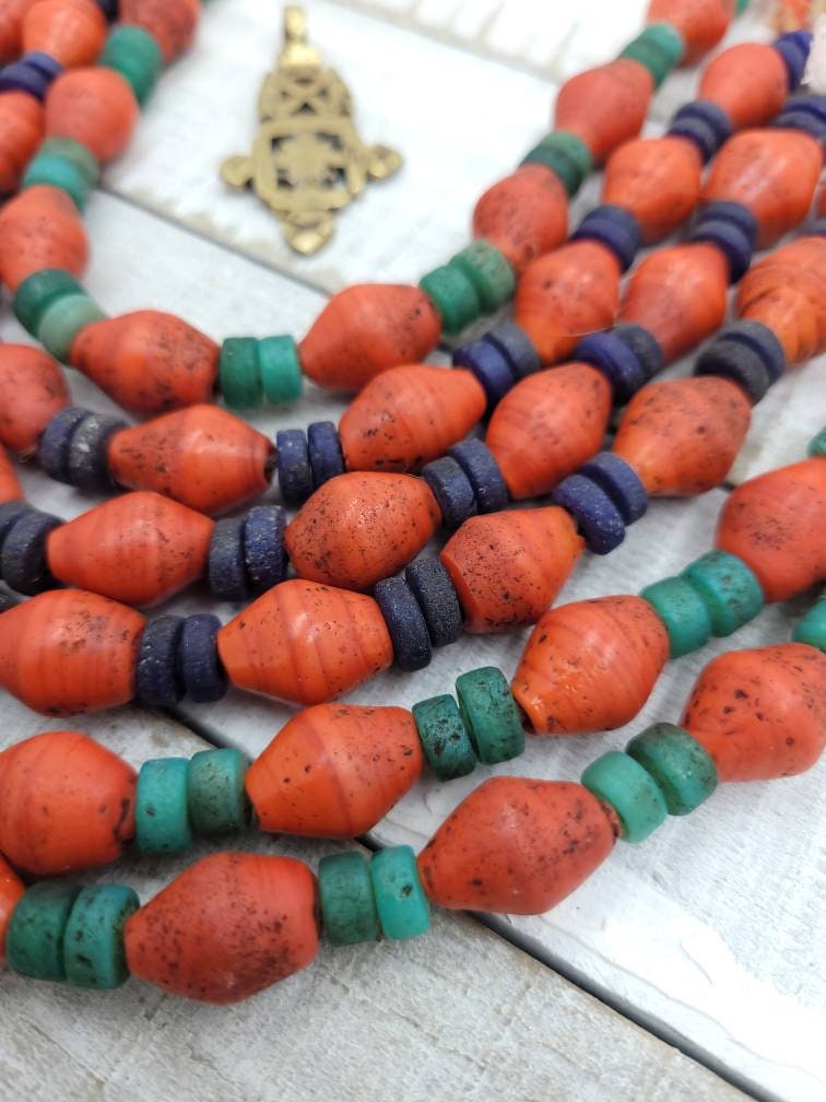 Red Glass Bicone Beads From Thailand With Antique Rustic Accent /10"Long Strand 15-17mm X 11-13mm Ring Beads 6mm / Indonesia Beads /Java /
