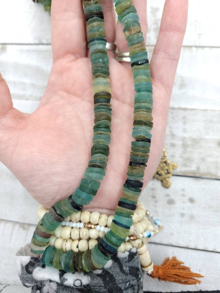 Authentic Genuine 100% Ancient Roman Glass Shaped Discs / Strand Length 7" 10-11mm / Afghan Beads / Jewelry Making Supplies / Craft.