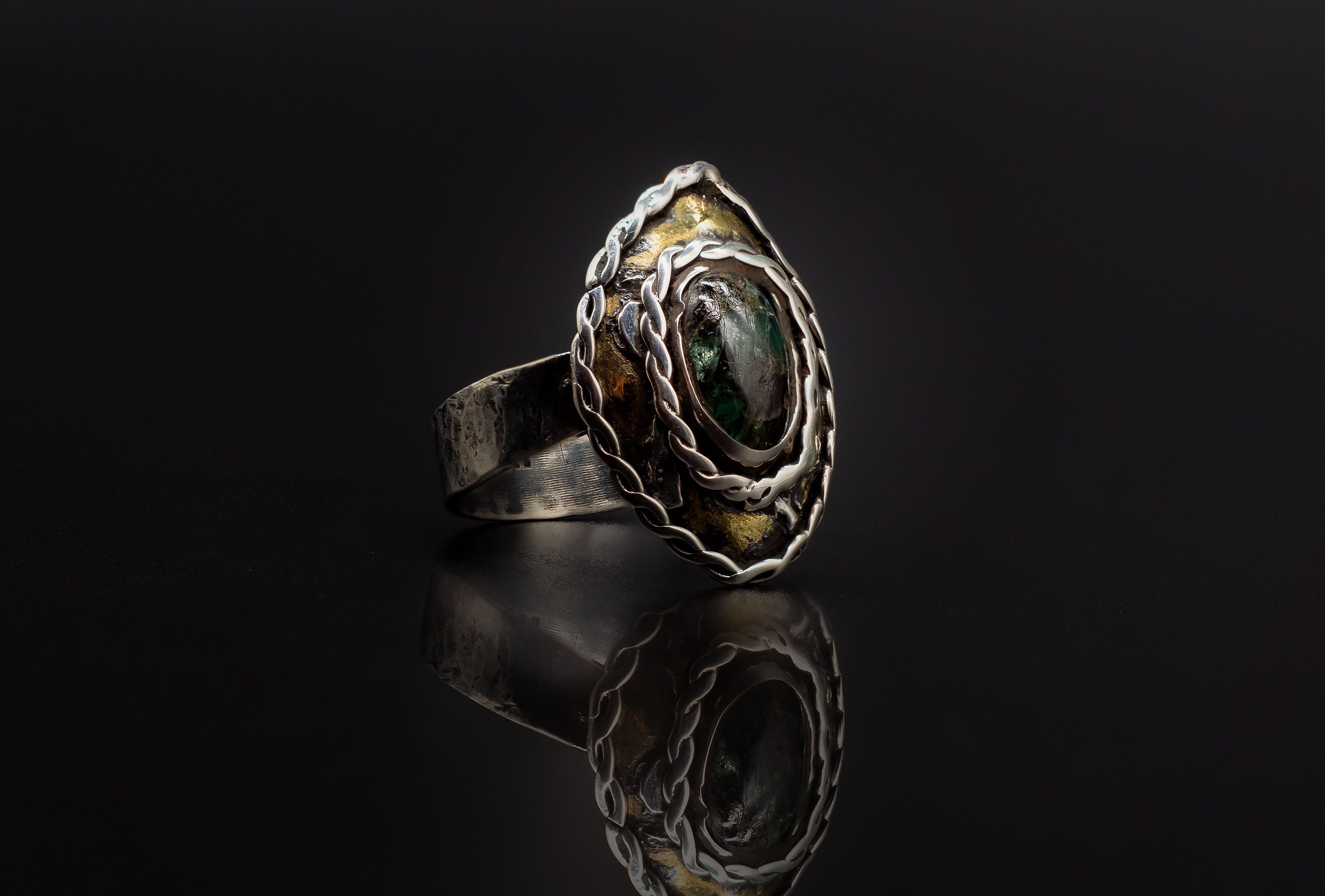 Ring Size 10 925 Sterling Silver, Golden Brass, And Authentic Natural Emerald Ring