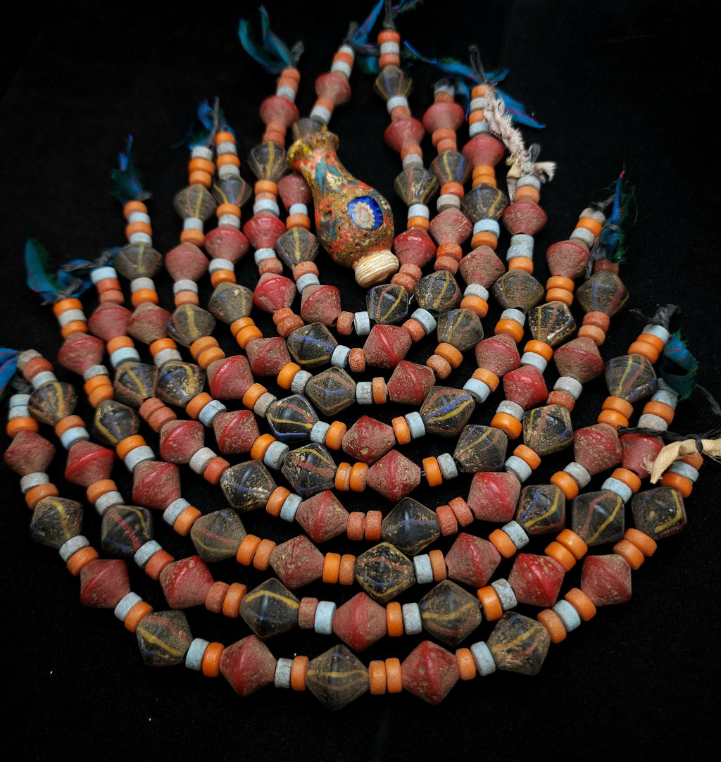Bicone Rustic Glass Beads From Java, Strand 10" 14-15mm, Large Hole, Vintage, Tribal, Ethnic, Jewelry Making Supplies