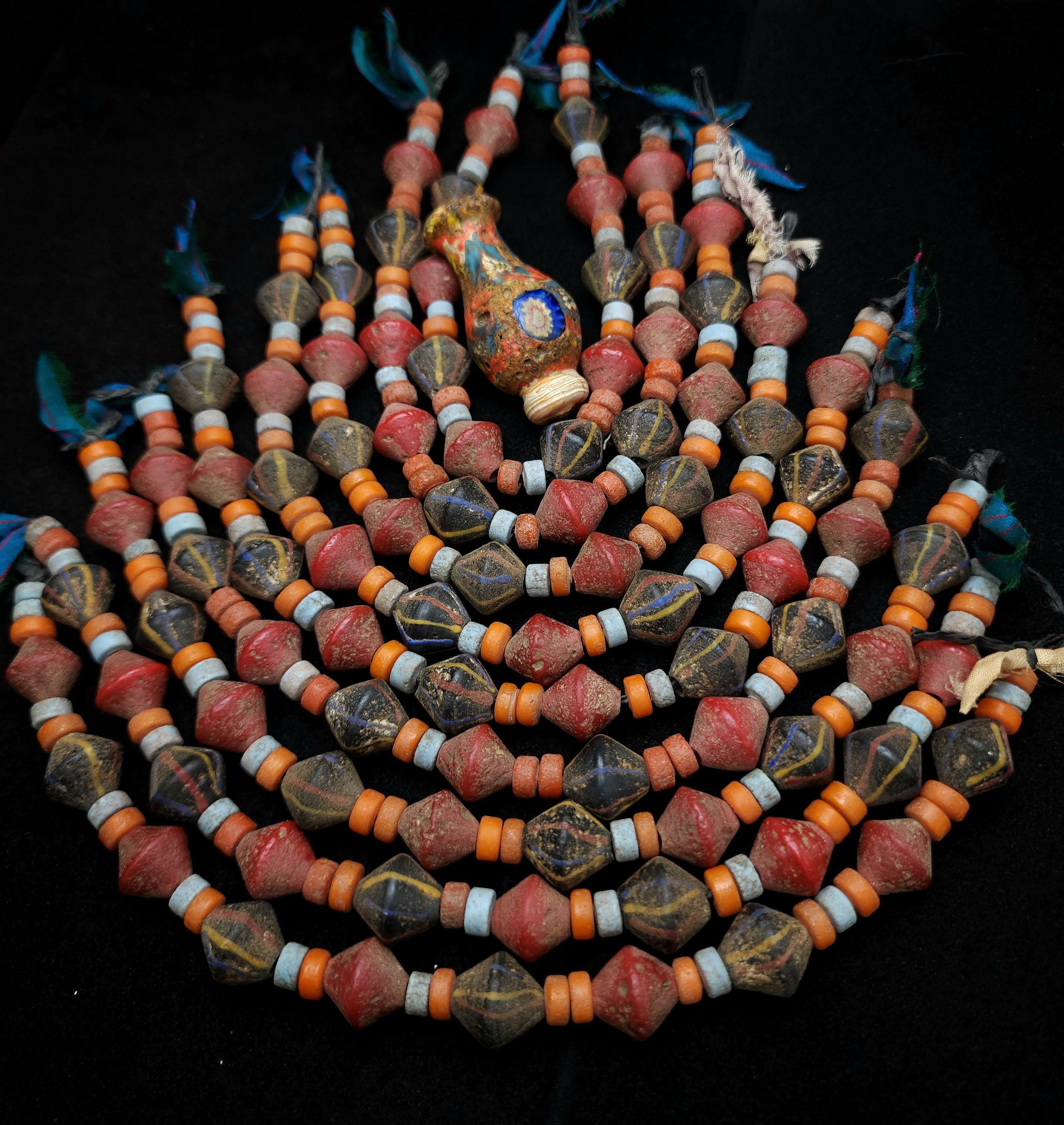 Bicone Rustic Glass Beads From Java, Strand 10" 14-15mm, Large Hole, Vintage, Tribal, Ethnic, Jewelry Making Supplies