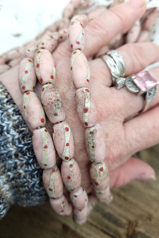 Old Accent Glass Beads Made By Thai Artisan Hands/ Indonesian Beads /Java /10 Beads 18-20mm x 10mm /Jewelry Supplies / Vintage / Venetian