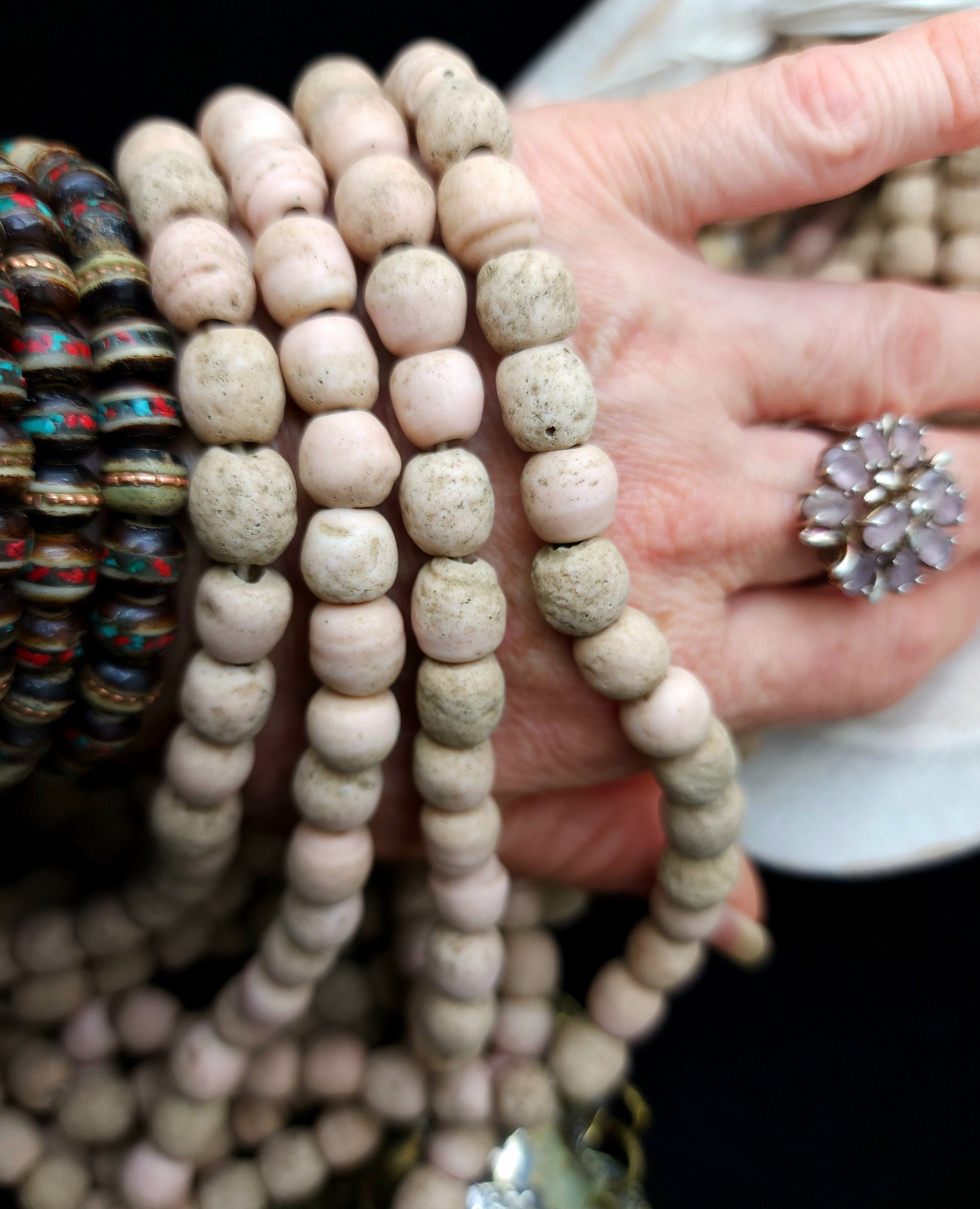 Handmade Indonesian Glass Beads / Java Rustic Beads / Strand 10" 26-28 Beads 9-10mm Beige / Vintage / Pink Pale / Jewelry Making Supplies