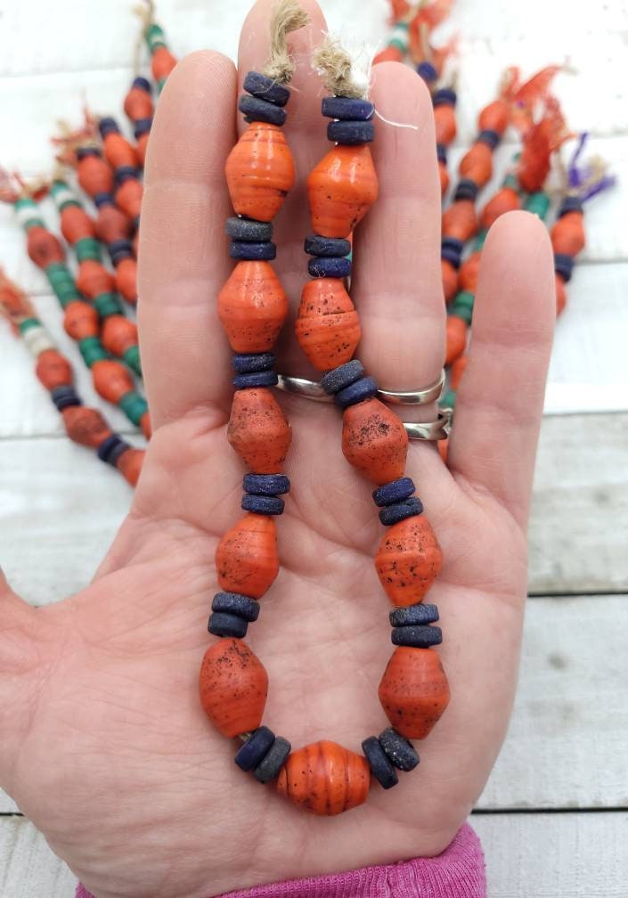 Red Glass Bicone Beads From Thailand With Antique Rustic Accent /10"Long Strand 15-17mm X 11-13mm Ring Beads 6mm / Indonesia Beads /Java /