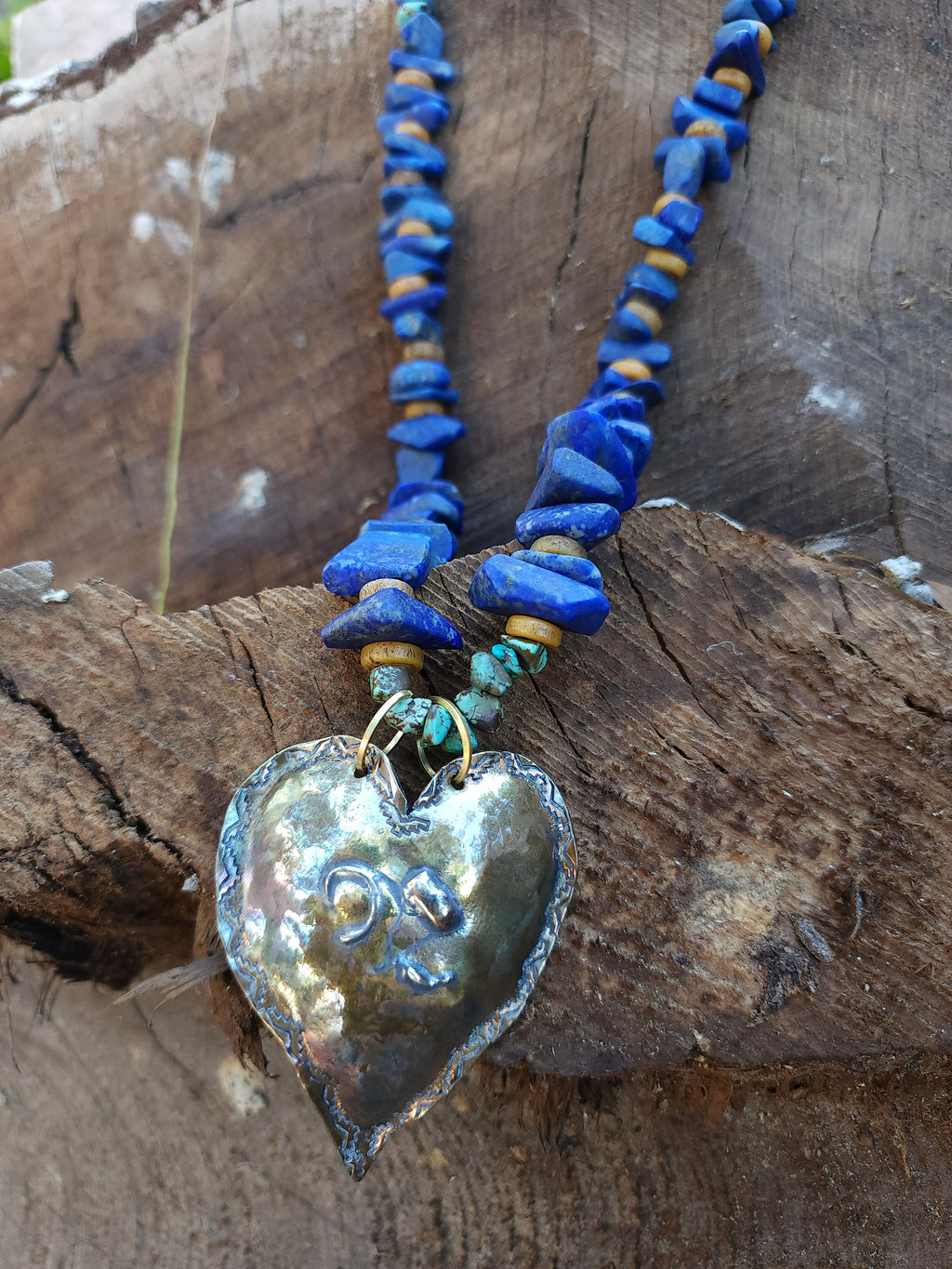 Beautiful Hand Hammered Brass and 925 Silver Heart Necklace Genuine Lapis Lazuli 14" Long / Best Gift For Who You Love / Handmade Jewelry.