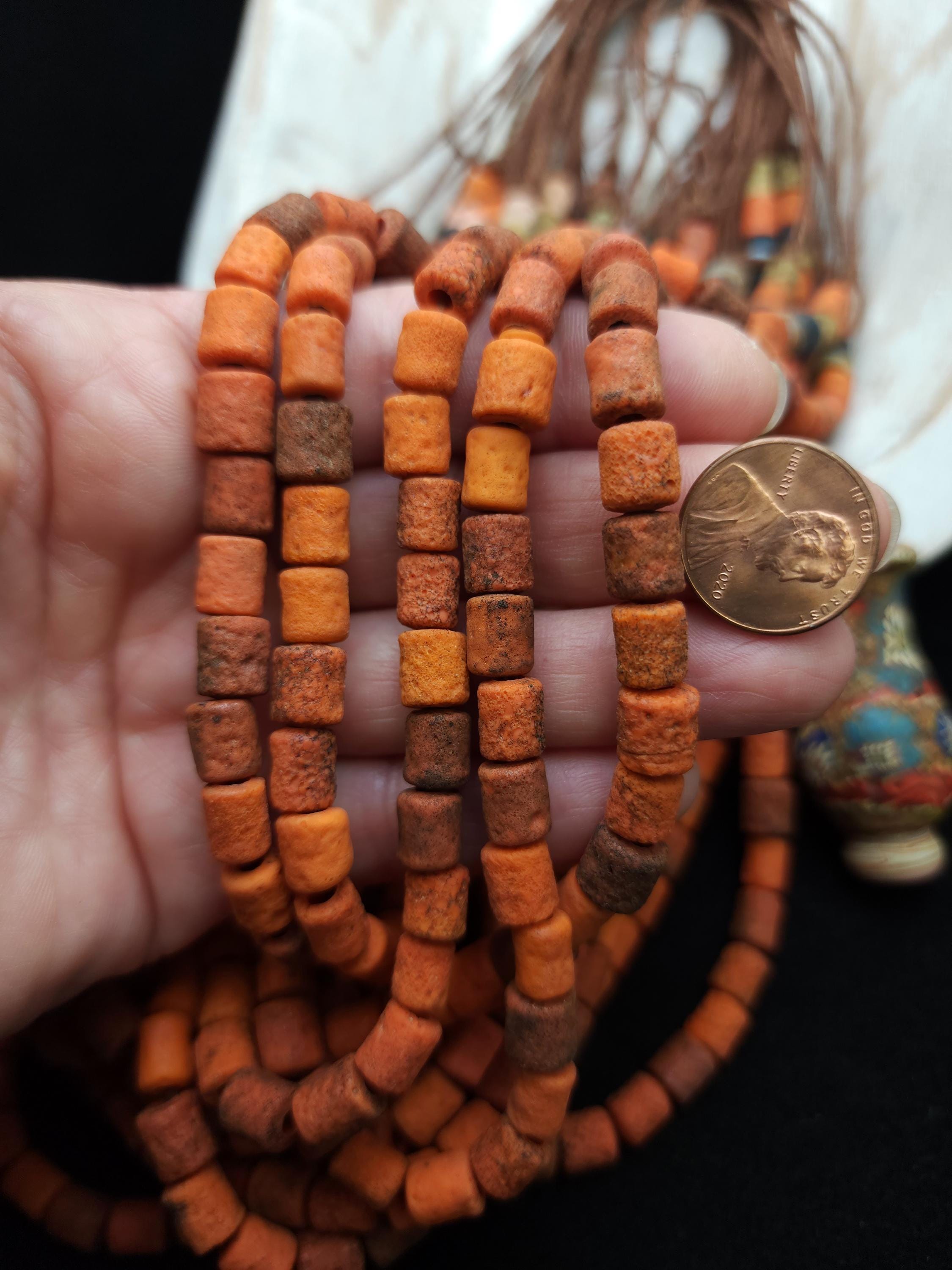 Rustic Porous Glass Tubular Beads 9-10 x 7-8 mm Full Strand 14-15", Red Orange Beads From Java Indonesia,  Jewelry Making Supplies, Craft.
