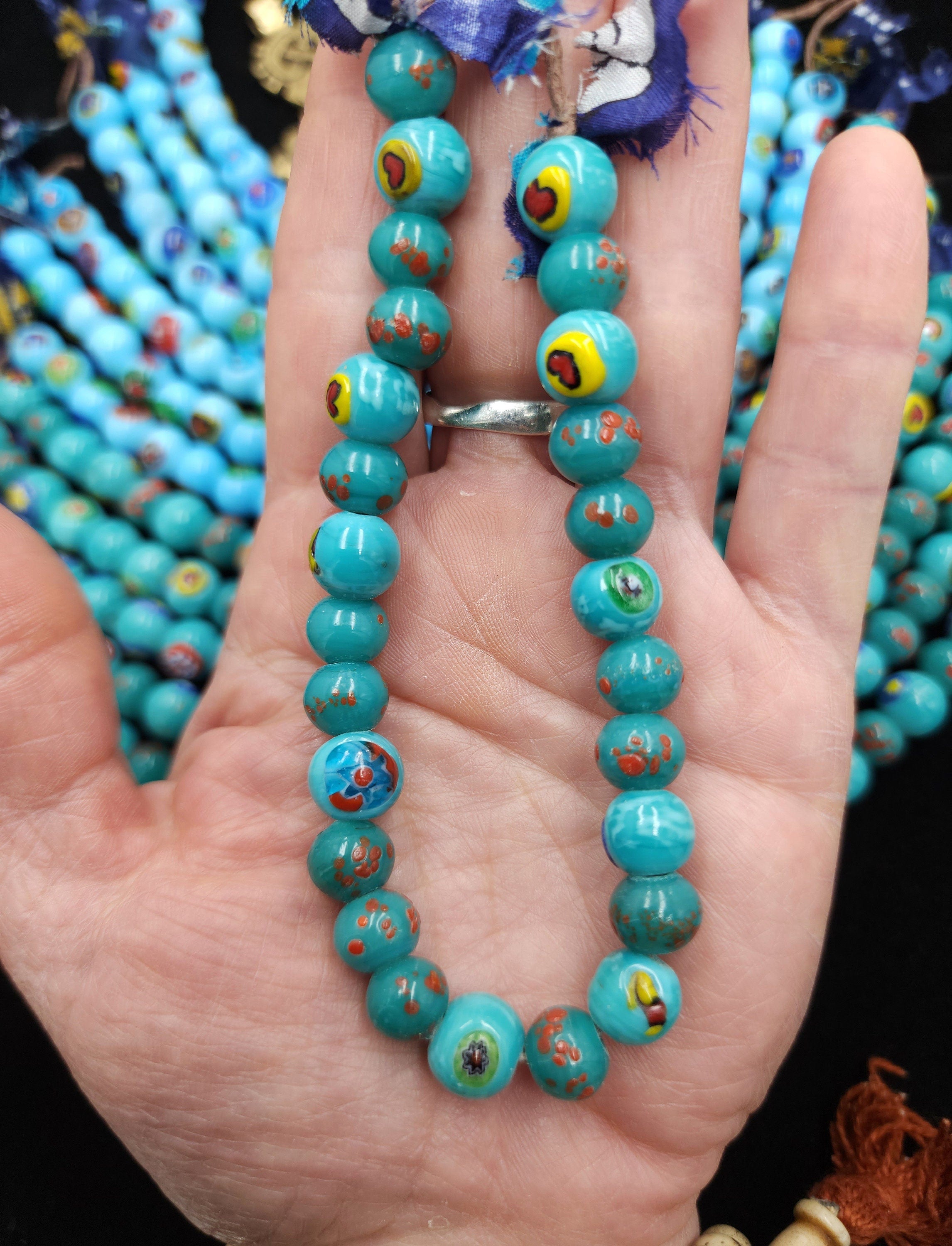 Millefiore Glass Beads Strand 8" 9-10mm, Glass Beads For Jewelry Making, Handmade Beads, Boho Tribal Ethnic