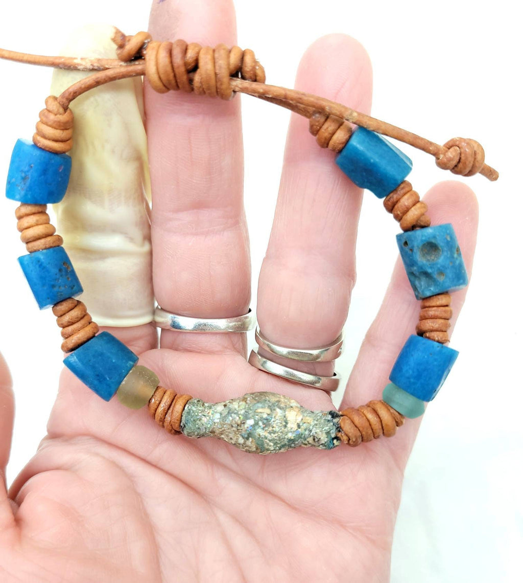 Beautiful Authentic Roman Glass Bangles For Him Or For Her / Ethiopian Copper And Brass Beads Wearing Beautiful Old Roman Glass.