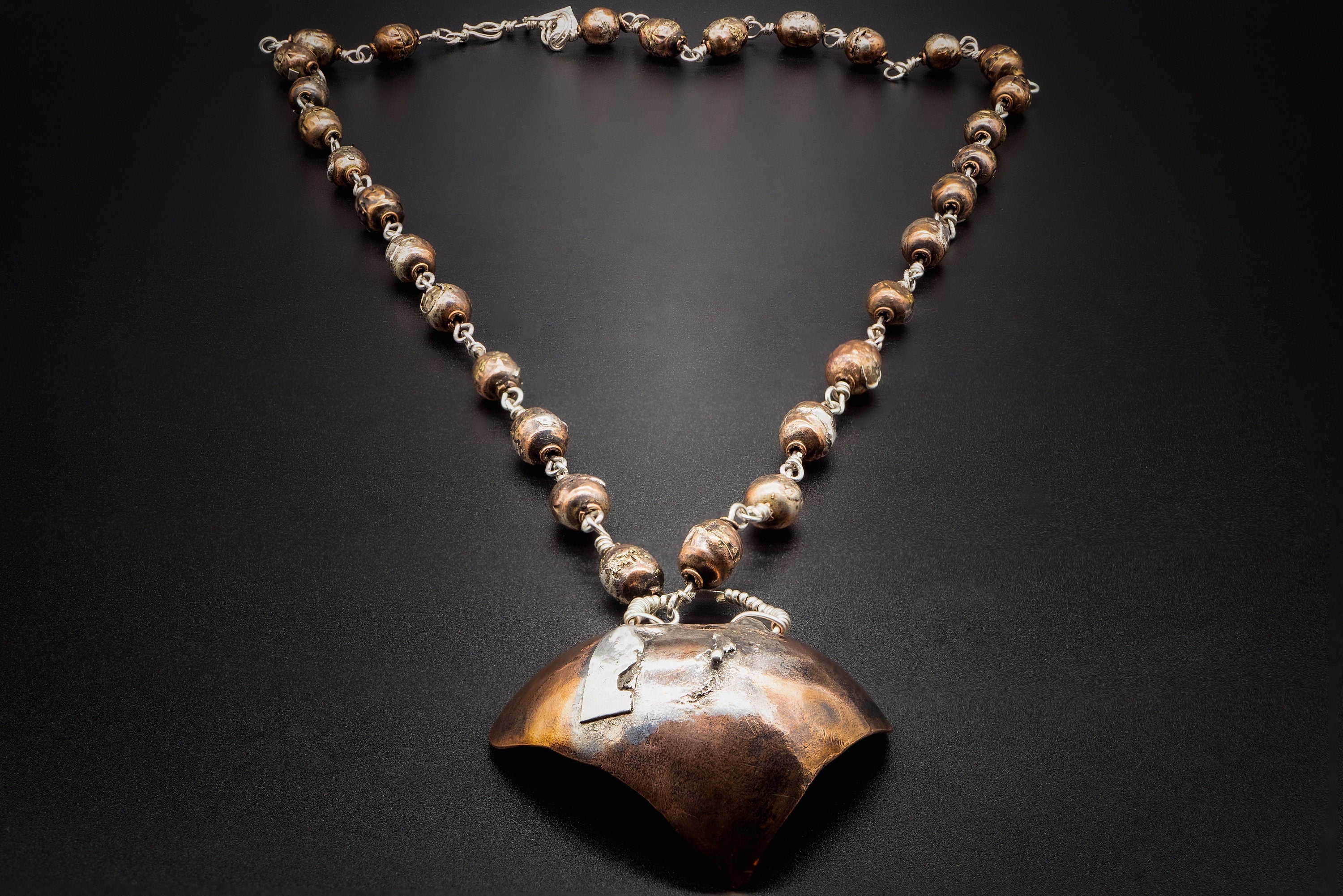 925 Silver, Silver cross- copper heart, Copper necklace 15"