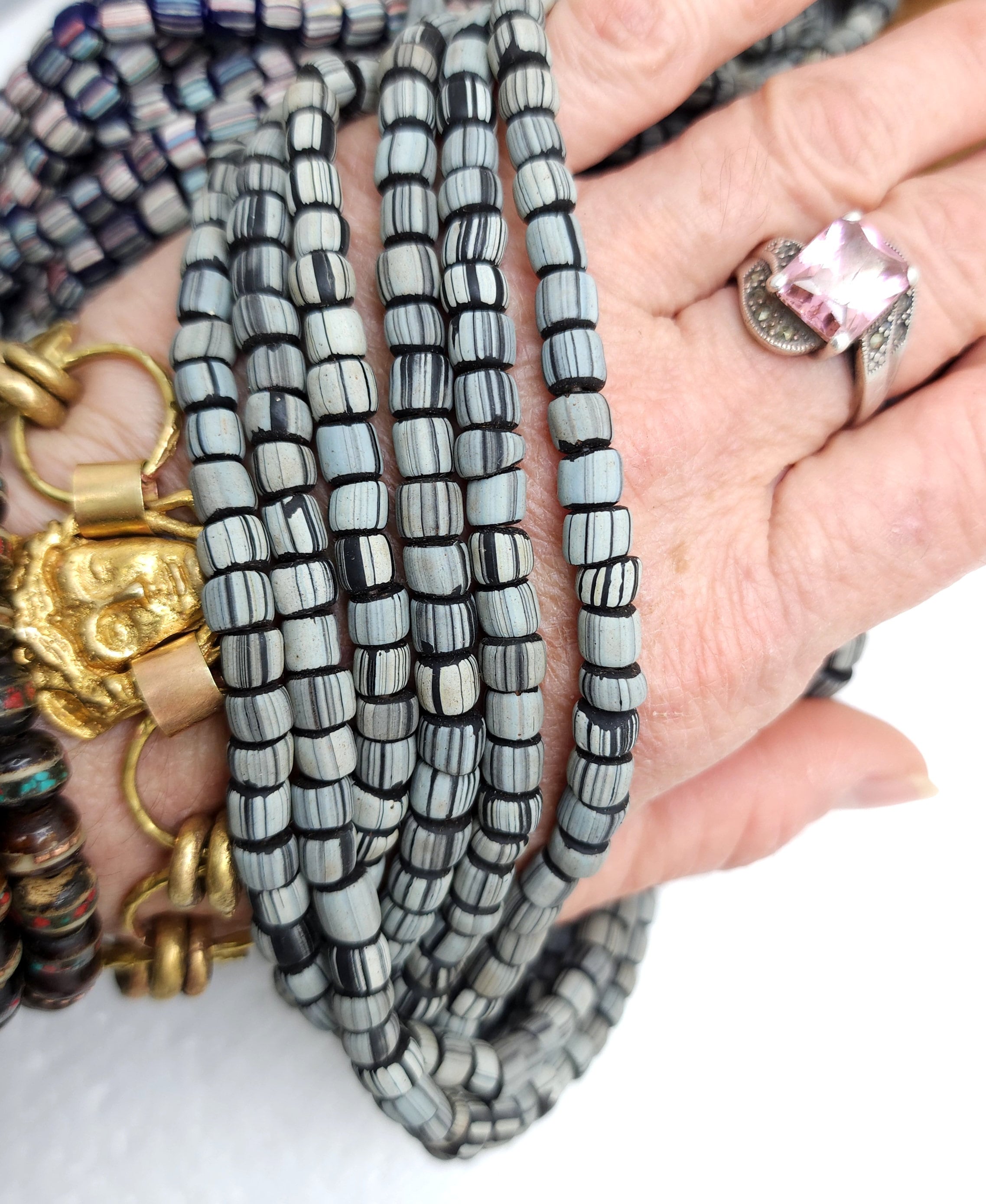 Full Strand 23" Venetian Style Currant Beads / Small Striped Java Beads 5-6mm / Choose Striped Blue Or Black Striped Gray  / Indonesia