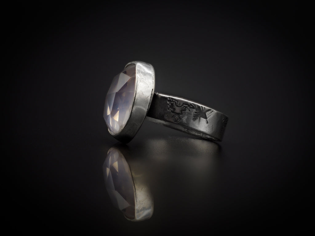 925 Silver, Hand Engraved, And Rose Cut Precious Rose Quartz Ring